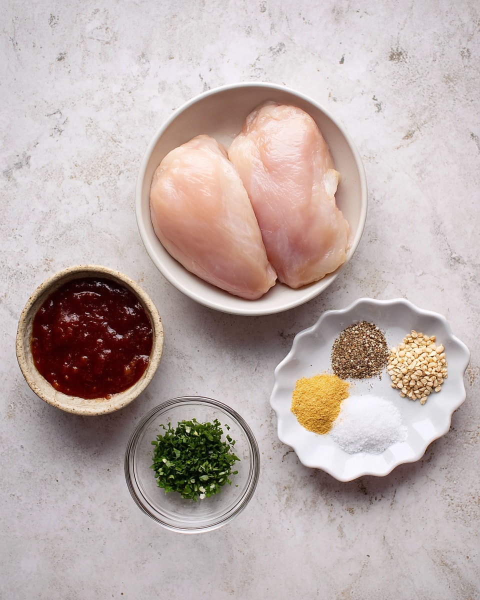 A top-down image shows four containers on a white marbled surface. In the center, there is a white bowl holding two smooth, raw pale pink chicken pieces. To the right, a small white scalloped dish displays small piles of ground black pepper, yellow powdered seasoning, white salt, light brown crushed crumbs, and another powder. Below this dish, a clear glass bowl contains chopped green herbs. On the left side, there is a small round white bowl filled with a thick dark reddish-brown sauce. photo taken with an iphone --ar 4:5 --v 7