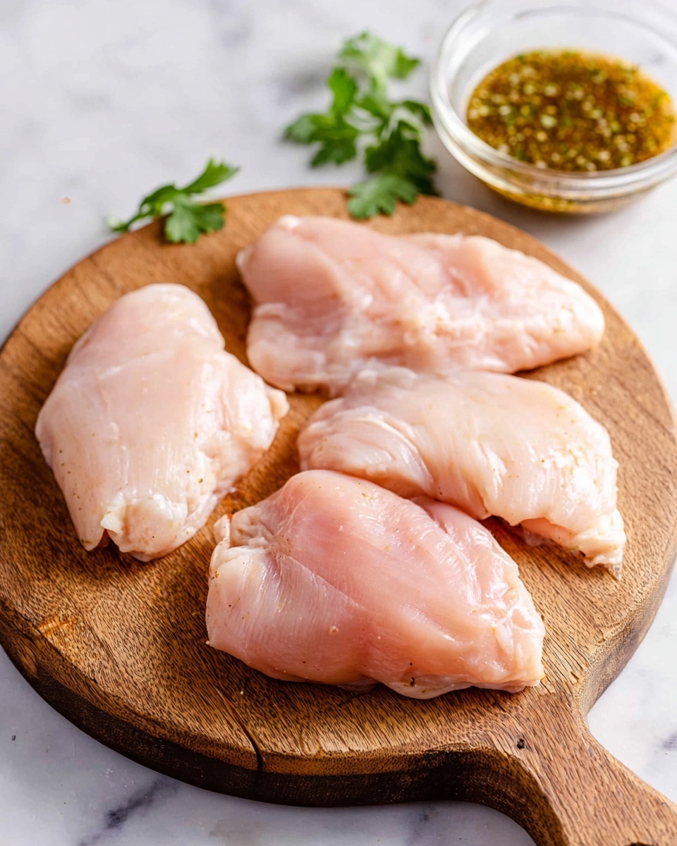 The image shows four raw pieces of pale pink chicken meat laid out on a round wooden board with a handle on the right side. The pieces vary in size and shape, placed close but not overlapping. The board sits on a white marbled surface with a few green parsley leaves near the top left corner. Above the board, slightly out of focus, there is a clear glass bowl filled with a greenish-brown sauce or marinade. Photo taken with an iphone --ar 4:5 --v 7