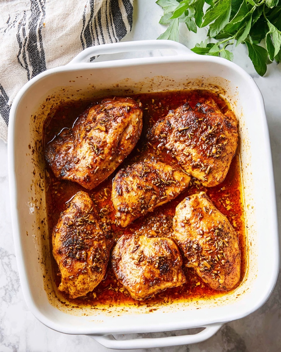 A white square baking dish contains five cooked chicken pieces in a reddish-brown sauce with visible herbs and spices. The chicken pieces are golden-brown with a slightly charred, textured surface. The sauce pools around the bottom edges, showing a rich, oily shine and small bits of seasoning. The dish sits on a white marbled surface with a folded cloth with black and white stripes partially visible in the upper left corner and green leafy herbs in the upper right corner. photo taken with an iphone --ar 4:5 --v 7
