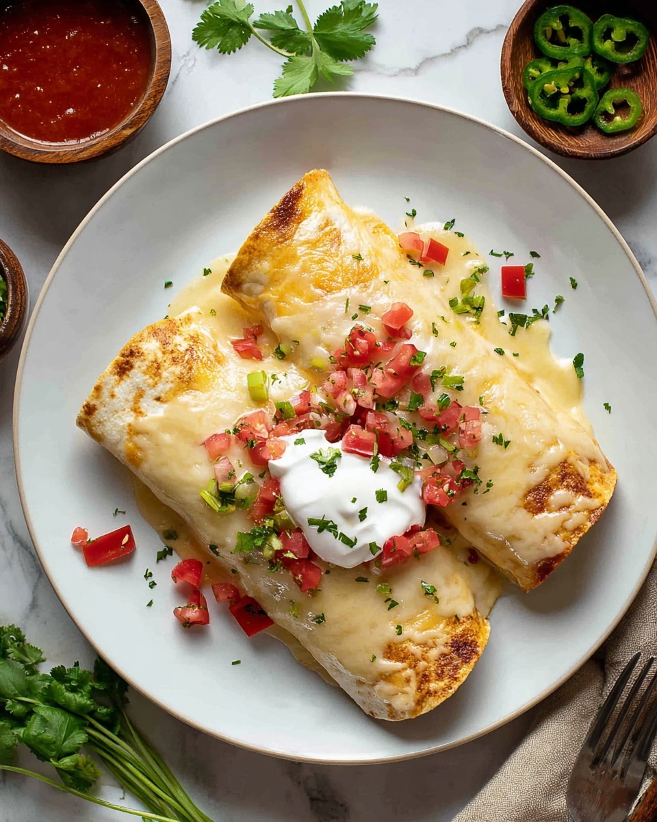 Two rolled enchiladas sit on a white plate over a white marbled surface. The enchiladas are covered with a smooth, creamy, pale yellow sauce with some browned spots on the edges. Red diced tomatoes and small green chili pieces are scattered on top and around the enchiladas, along with some finely chopped green herbs. In the center, a dollop of white sour cream adds a soft texture contrast. Around the plate, small wooden bowls contain red sauce and sliced green jalapeños, while fresh cilantro leaves and chopped vegetables are casually placed nearby. photo taken with an iphone --ar 4:5 --v 7