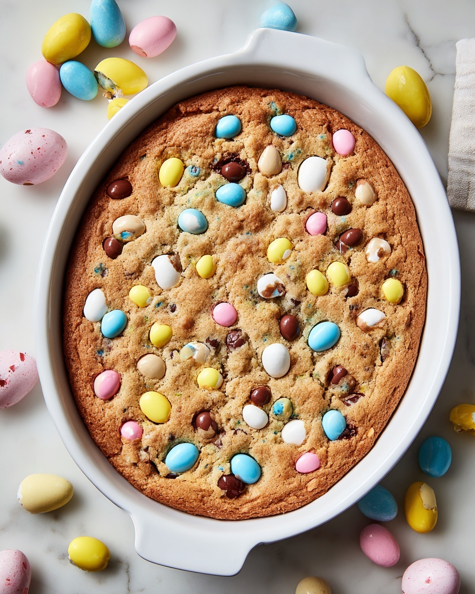 A large, round cookie baked in a white oval dish fills the entire frame. The cookie is golden brown with a slightly crispy texture, covered with pieces of colorful candy-coated chocolate eggs in pastel yellow, blue, pink, and white; many of the eggs are cracked open, showing the smooth milk chocolate inside. The dish rests on a white marbled surface scattered with whole and broken candy eggs in similar pastel shades. The top edge of a white woman's hand is visible at the top edge of the dish. photo taken with an iphone --ar 4:5 --v 7