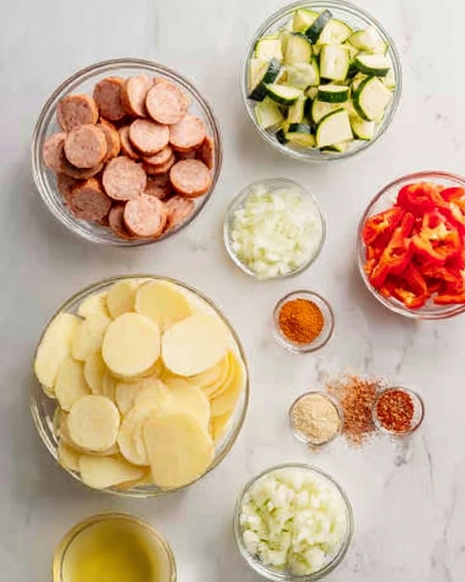 The image shows several white bowls placed on a white marbled surface, each with a different food ingredient. There are five clear white bowls filled with slices of sausage, diced red tomatoes, sliced zucchini, chopped onions, and raw potato slices, layered neatly and evenly. There are three small clear white bowls with fine powders of spices in shades of light beige, reddish orange, and brown. There is also a small white bowl with a yellowish liquid and another small white bowl with brown sugar or similar granules. The ingredients are all crisp and colorful, placed in a simple, clean setting with soft natural light. Photo taken with an iphone --ar 4:5 --v 7