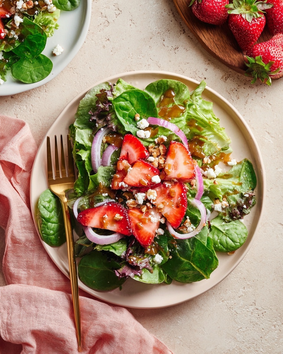 A white plate is filled with a fresh salad showing three main layers: the bottom layer is a mix of green spinach leaves and light green curly lettuce, the middle layer has thin slices of red strawberries and thin curved pieces of purple onion, and the top layer is sprinkled with small white crumbles of cheese and tiny brown nut pieces. Some brown dressing is drizzled unevenly over the top. A gold fork rests inside the plate on the left side. The plate sits on a beige surface next to a folded light pink cloth napkin, with another plate partially visible at the top left and a wooden board with whole strawberries in the top right corner. Photo taken with an iphone --ar 4:5 --v 7