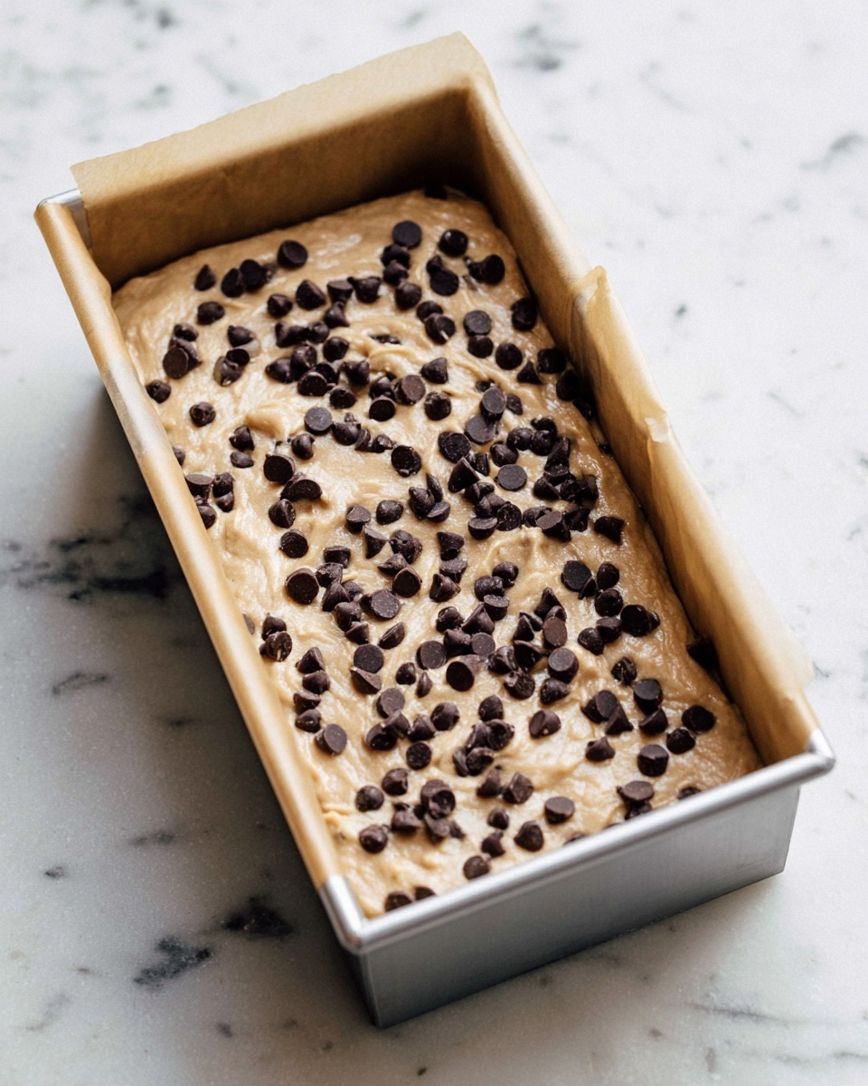 A rectangular silver baking pan lined with light brown parchment paper holds a thick beige batter spread evenly inside. The batter is topped with many small, dark brown chocolate chips scattered across the surface. The pan sits on a white marbled surface, adding a clean and bright background to the image. Photo taken with an iphone --ar 4:5 --v 7