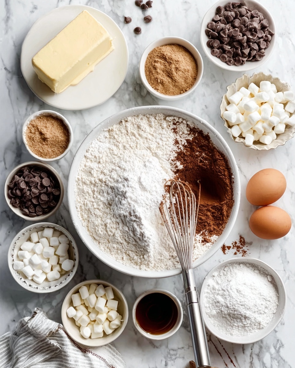 The image shows a white bowl in the center filled with white flour and brown cocoa powder being mixed with a whisk. Around the bowl, there are small white bowls with various ingredients including light brown brown sugar, small white marshmallows, dark chocolate chips, white granulated sugar, white powdered sugar, and dark vanilla extract. There are also two brown eggs next to the main bowl. A stick of pale yellow butter rests on a white plate in the upper left corner. The scene is set on a white marbled surface. A woman's hand, holding the whisk, is partially visible in the bowl. photo taken with an iphone --ar 4:5 --v 7