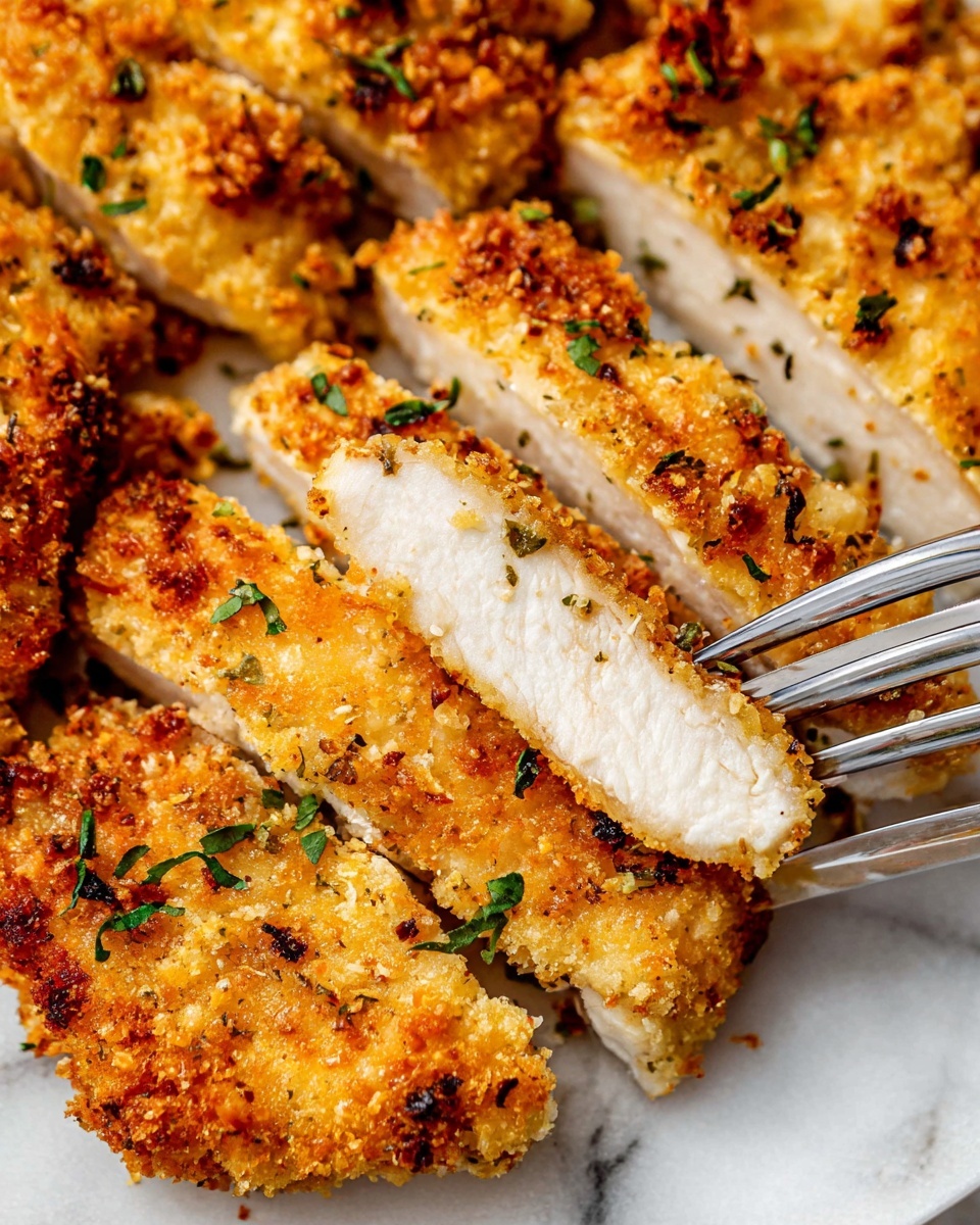 The image shows a close-up of several thick pieces of crispy chicken with a golden brown crust that looks crunchy and slightly rough, sprinkled with herbs. The chicken inside is white, soft, and juicy, contrasting with the crunchy outer layer. Small green herb leaves are scattered among the chicken slices, adding color and freshness. A metal fork is seen piercing one piece of chicken gently from the right side. The dish is on a white plate resting on a white marbled surface. photo taken with an iphone --ar 4:5 --v 7