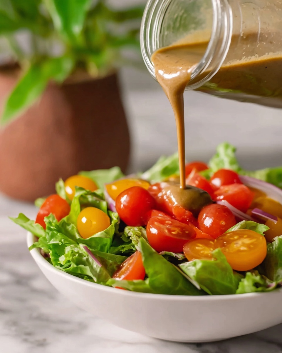 A white bowl filled with a fresh salad showing three main layers: a base layer of bright green lettuce leaves with a crisp texture, a middle layer of sliced red and yellow cherry tomatoes sitting on top of the lettuce, and a top layer of creamy, brown dressing being poured from a clear glass jar over the tomatoes and lettuce, creating a smooth and flowing effect. The background has a soft focus with a brown plant pot and green leaves visible, set against a white marbled surface. Photo taken with an iphone --ar 4:5 --v 7