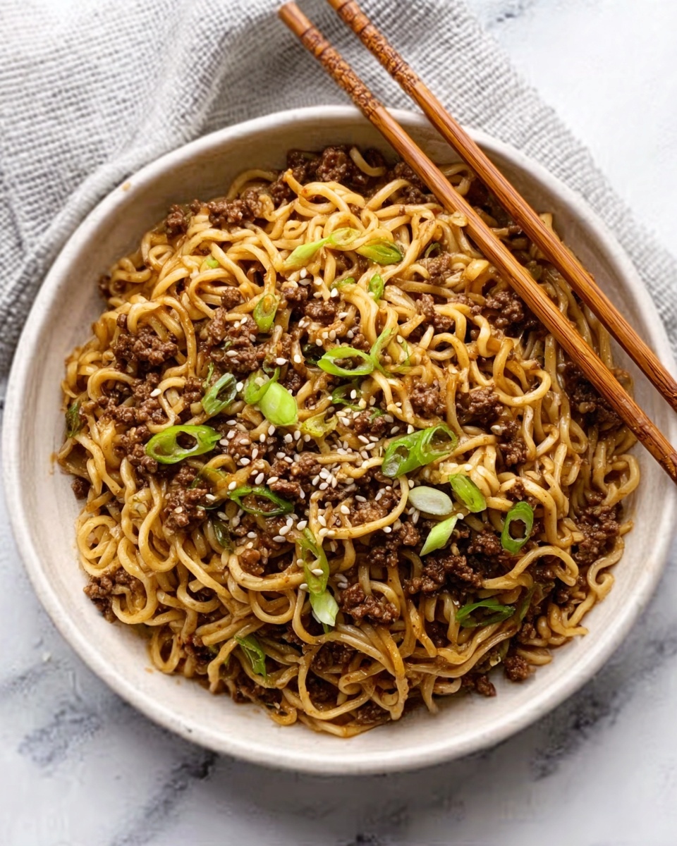 A white bowl filled with cooked noodles mixed with dark brown sauce and small bits of ground meat scattered throughout. The noodles are tangled and have a slightly shiny texture. On top, there are small pieces of chopped green onions and white sesame seeds sprinkled evenly. A pair of wooden chopsticks rests on the rim of the bowl, placed diagonally. The bowl sits on a white marbled surface with a light gray and white pattern in the background. Photo taken with an iphone --ar 4:5 --v 7
