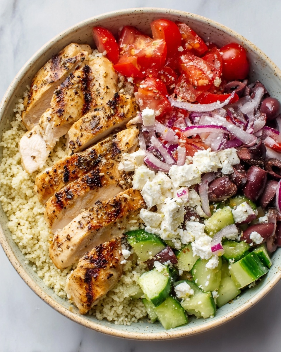 A white bowl on a white marbled surface holds a colorful healthy meal with four main sections. On the left, grilled chicken with golden brown char marks and specks of black pepper rests in slices, showing juicy texture. The top right section has chopped red tomatoes mixed with black olives, red onion, and crumbled white feta cheese. Below that, bright green cucumber chunks mixed with olives and bits of feta cheese fill the right bottom area. In the middle bottom left, there is a helping of light, fluffy couscous with pale beige grains. The whole dish looks fresh with vibrant colors and varied textures. Photo taken with an iphone --ar 4:5 --v 7