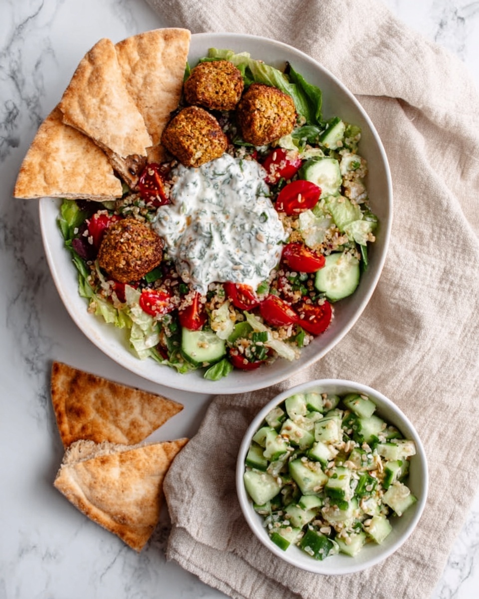 A white bowl on a white marbled surface filled with a colorful salad. The bottom layer consists of green lettuce leaves, topped with round pieces of golden brown fried falafel, scattered red cherry tomatoes, and small seeds or grains. On top, there is a dollop of white creamy sauce with green herbs mixed in. Three triangular pita bread pieces lean on one side inside the bowl. Next to the bowl is a small white bowl filled with diced cucumber salad mixed with green herbs. A beige cloth is placed under the bowls. Photo taken with an iphone --ar 4:5 --v 7