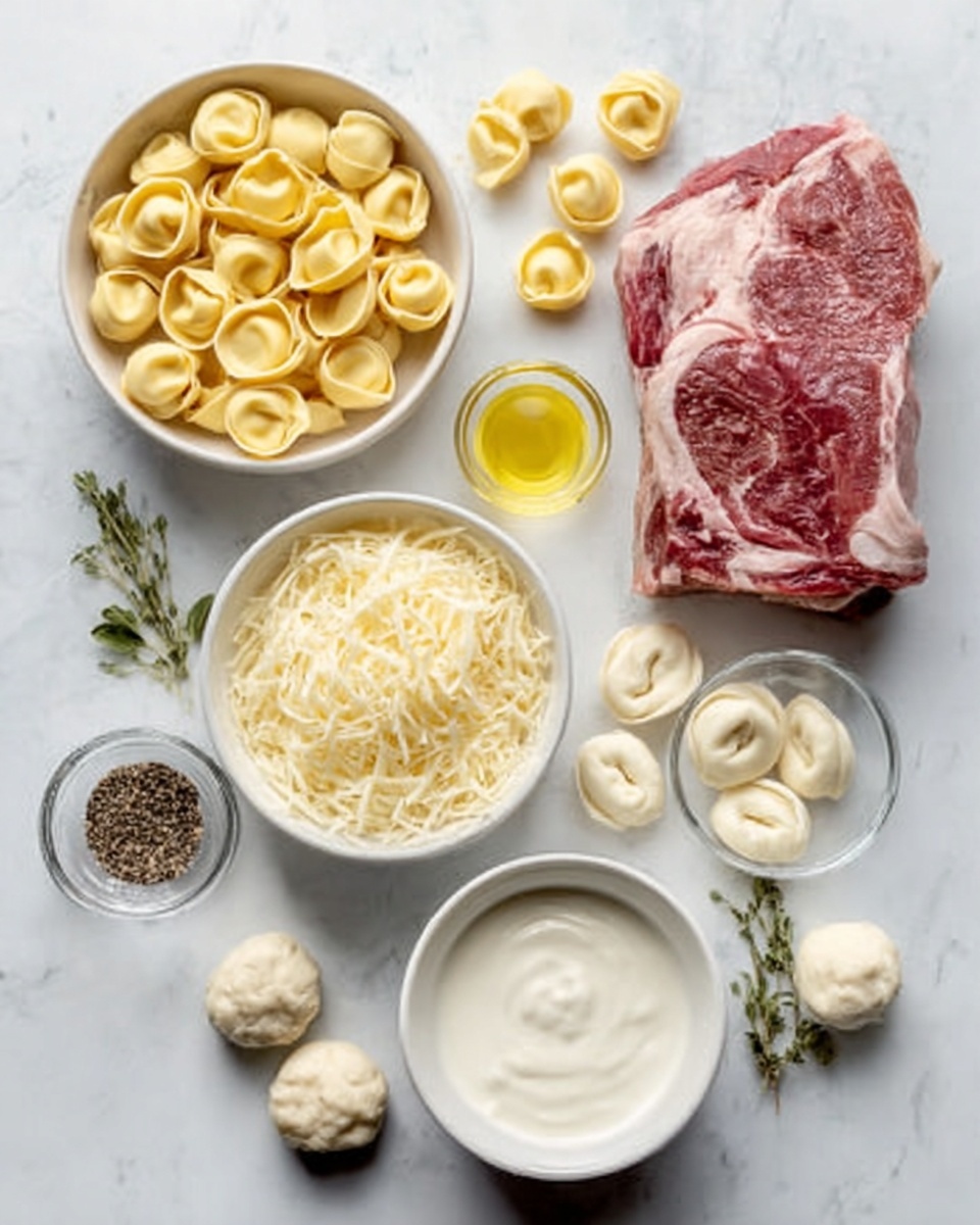 The image shows a white marbled surface with neatly arranged cooking ingredients. There are two white bowls filled with different types of small pasta, one with yellow round pasta tortellini and another with smaller, white tortellini. A raw piece of marbled red meat sits on the surface to the right. Below the meat, there is a medium-sized white bowl filled with shredded pale yellow cheese. Near the bowls, a small white bowl contains a light yellow liquid, likely oil. Next to it, a small glass bowl holds coarse black pepper. At the bottom, a white bowl contains white cream. There are sprigs of fresh white herbs and three small dough pieces placed on the surface near the bottom center. The image is clean, well-lit, and arranged in an organized layout. Photo taken with an iphone --ar 4:5 --v 7