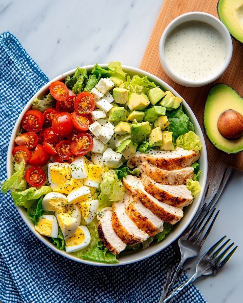 A white bowl filled with a fresh salad arranged in layers, starting with a base of leafy green lettuce. On top, there are halved cherry tomatoes with a shiny red color, slices of cooked chicken breast with a golden brown, slightly crispy skin placed on one side. Next to the chicken, there are creamy chunks of avocado in a light green color. There is also a portion of chopped boiled eggs with yellow yolks and white edges scattered around. A white sauce in a separate small white round bowl sits near the salad bowl on a white marbled surface, with half an avocado nearby. A woman's hand holds a silver fork next to the bowl on top of a blue and white checkered napkin photo taken with an iphone --ar 4:5 --v 7
