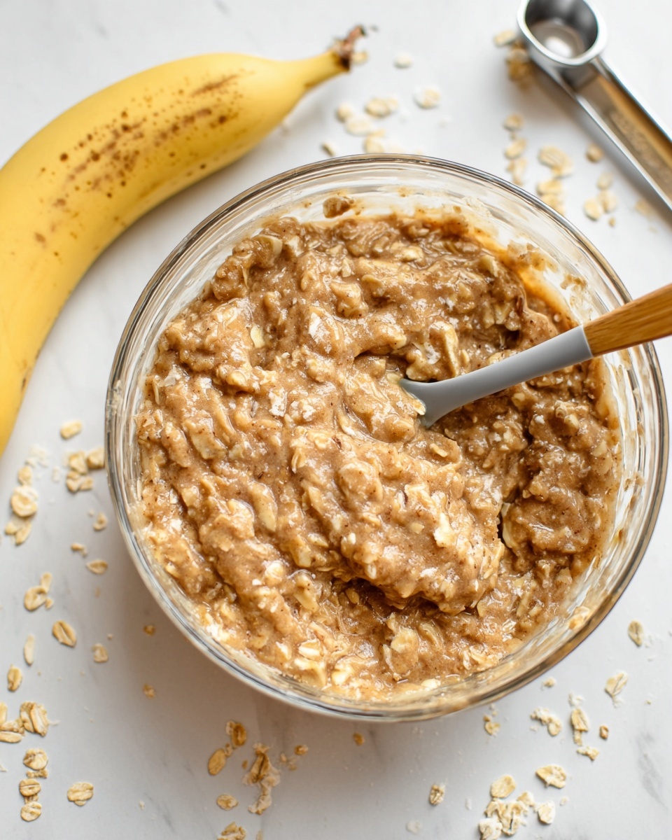 A clear glass bowl holds a thick, chunky mixture of light brown oats blended with a slightly darker brown batter, showing a rough, textured surface with bits of oats visible throughout. A gray spoon with a light wooden handle is dipped slightly into the mixture on the right side of the bowl. To the left, there is a whole ripe banana with a yellow peel and some brown spots, resting on a white marbled surface scattered with a few oat flakes and a silver measuring spoon. The overall scene is bright and clean, highlighting the natural colors and textures of the ingredients photo taken with an iphone --ar 4:5 --v 7