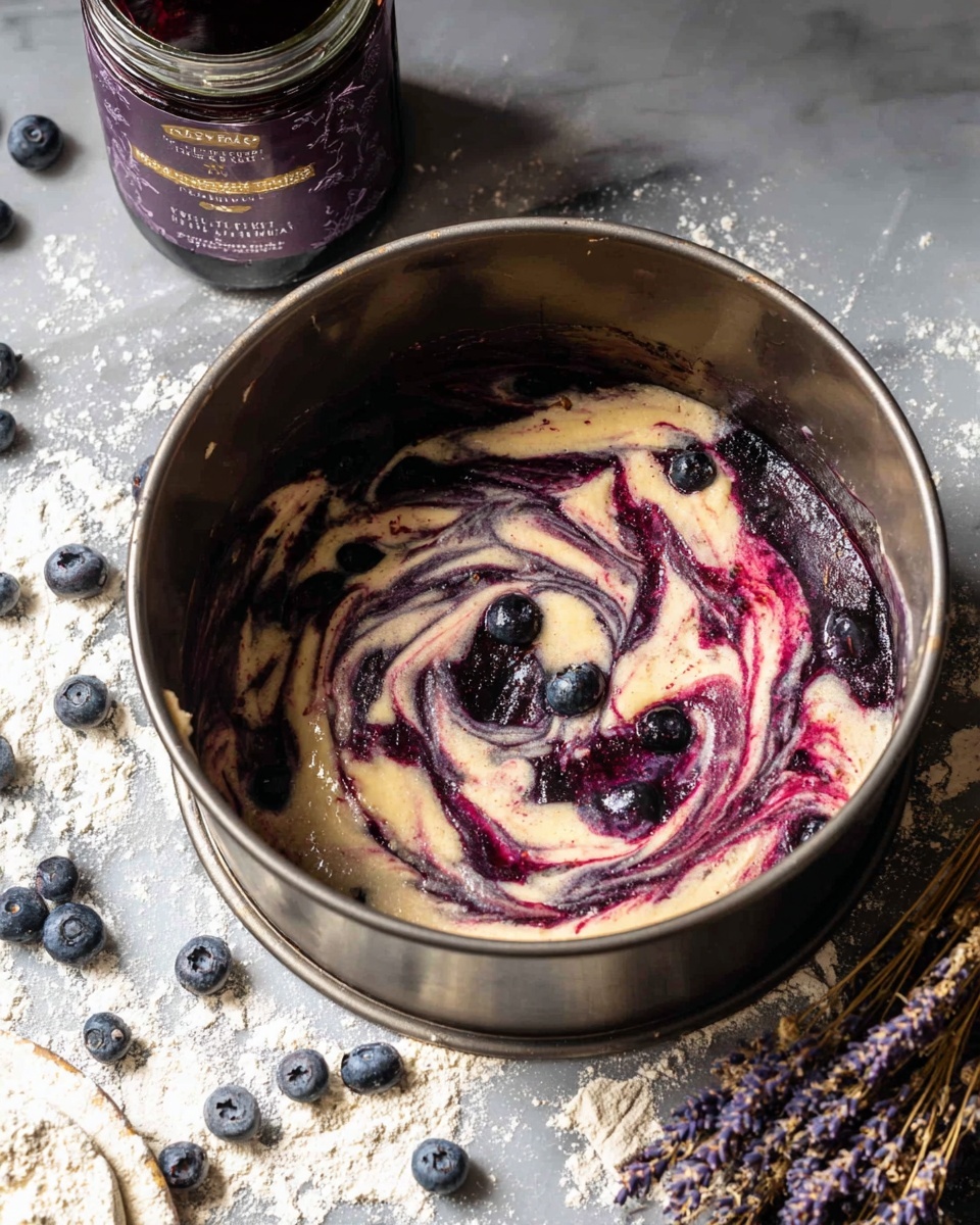 A close-up top view of a round metal bundt cake pan filled with raw batter that has swirls of dark purple and cream colors mixed together, creating a marbled effect with some whole blueberries visible inside. The pan is placed on a white marbled surface sprinkled lightly with flour and scattered blueberries nearby. In the background, there is a jar with a dark purple label and dried flowers to the side, adding a rustic touch. Photo taken with an iphone --ar 4:5 --v 7
