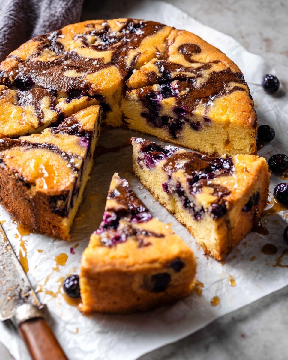 A round cake with a golden brown top layer shows dark brown swirls and purple berries mixed throughout. The cake is sliced, revealing a soft yellow inside with dark patches of berries and syrupy layers creating a marbled effect. The cake rests on white parchment paper set on a white marbled surface, with a rustic knife with a wooden handle nearby. Some shiny glaze is visible on the top and around the sliced pieces. Photo taken with an iphone --ar 4:5 --v 7