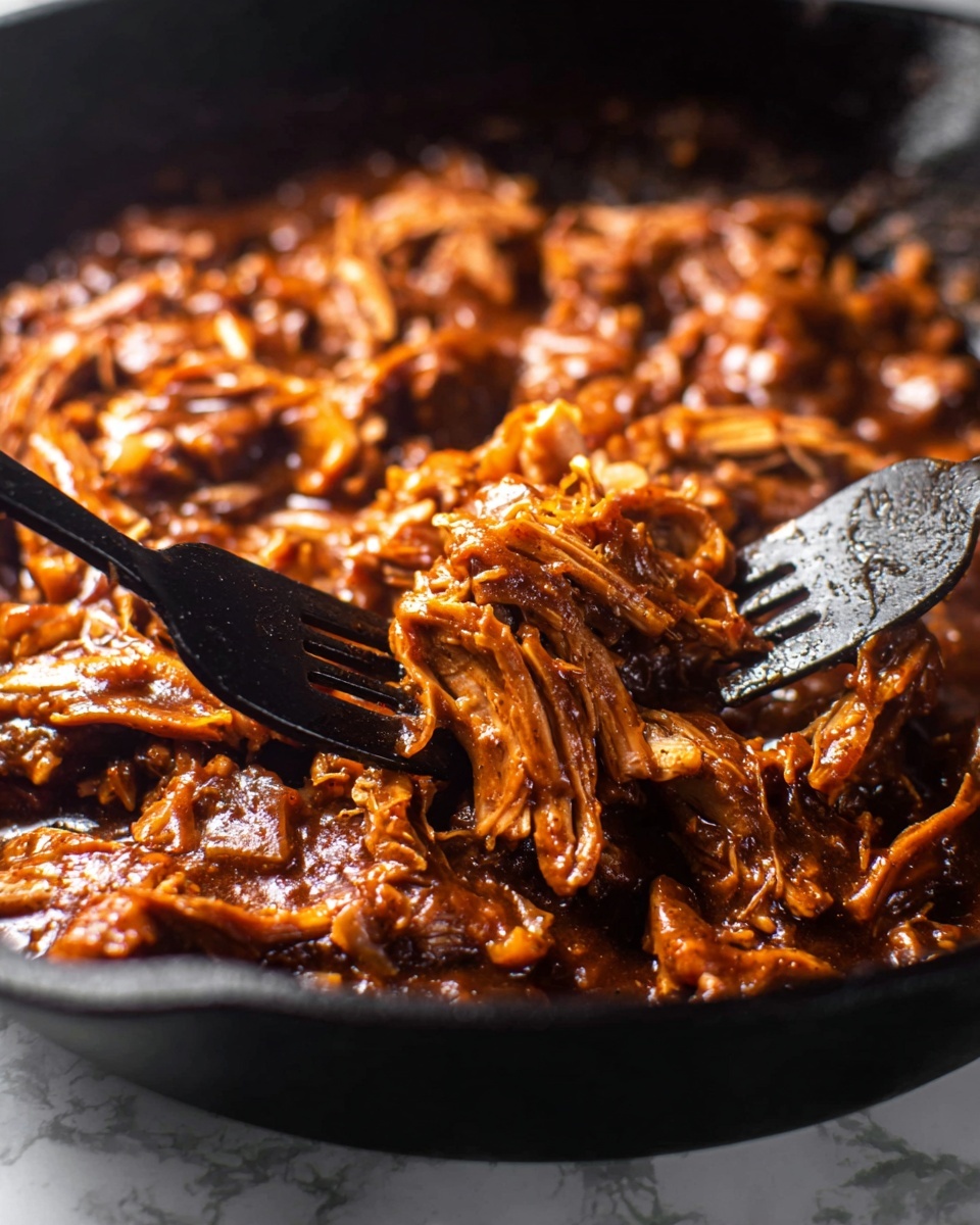The image shows a close-up of a black pan filled with rich, dark brown shredded pieces of meat covered in a thick, glossy sauce. The sauce has a smooth texture mixed with small chunks, likely onions or similar ingredients, spread evenly throughout the dish. Two black forks are visible, pulling apart the tender meat, emphasizing its soft and juicy texture. The background is a white marbled texture. photo taken with an iphone --ar 4:5 --v 7
