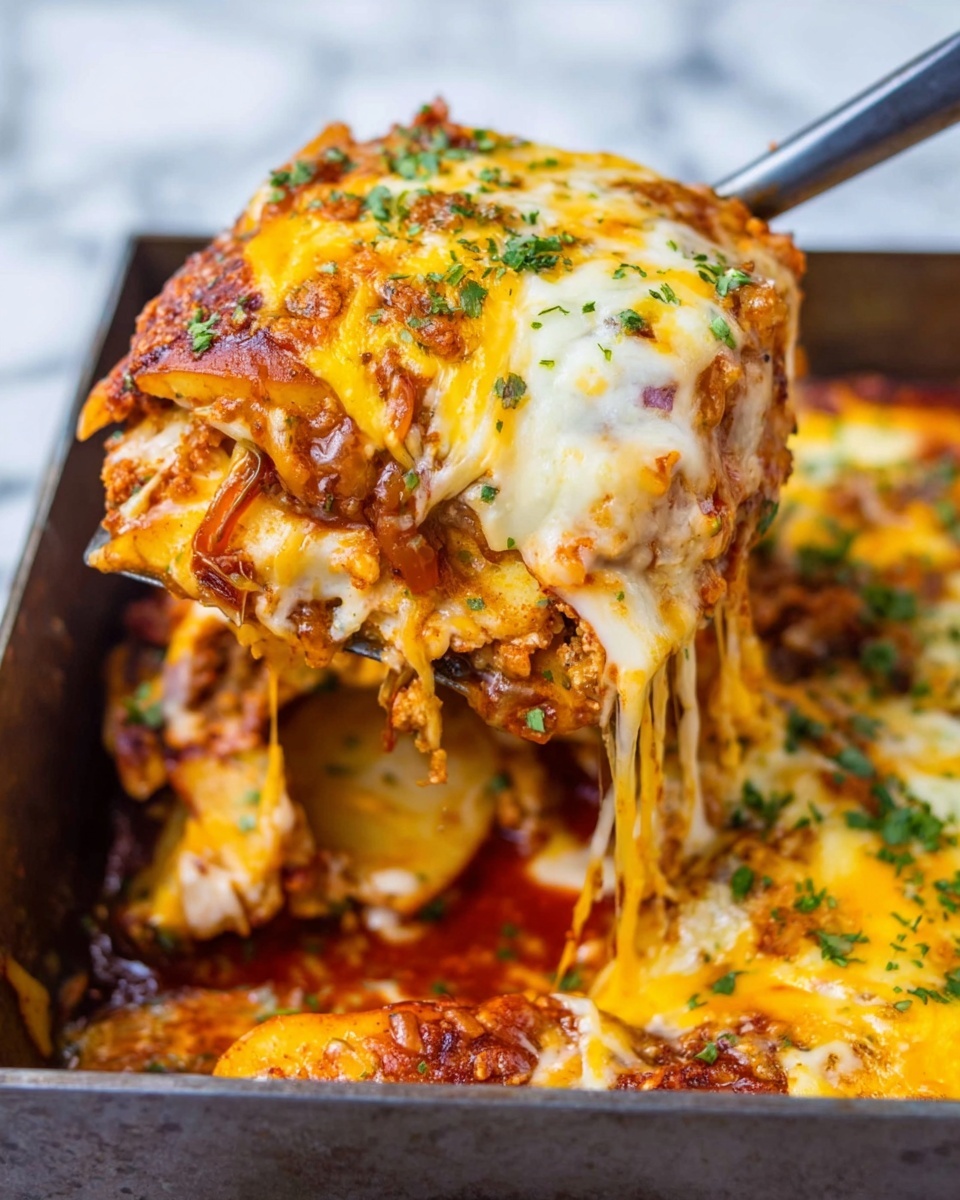 A close-up of a thick layer of melted yellow and white cheese mixed with bits of browned onions and green herbs, all on top of chunky pieces of meat and potato slices, covered with bright red sauce. The dish is in a dark metal baking tray, and a spatula is lifting a cheesy, saucy piece to show the layers inside. The sauce looks rich and glossy, while the cheese is gooey and shiny with some crispy edges. The background is a white marbled texture. Photo taken with an iphone --ar 4:5 --v 7