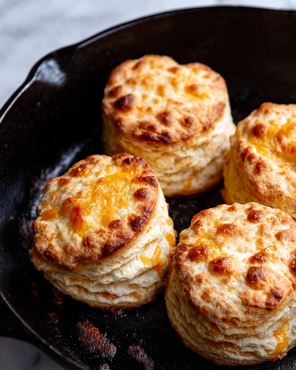 The image shows four golden-brown biscuits in a black cast iron pan. Each biscuit has multiple layers visible, showing a flaky texture with a light golden crust on the top and sides. The layers have a warm beige color with hints of orange, likely from cheese pieces baked into the dough. The tops are slightly rough and browned in spots, adding a rustic look. The pan surface beneath them has some browned bits around the biscuits, showing they have just been baked. The background and surface are changed to a white marbled texture. photo taken with an iphone --ar 4:5 --v 7