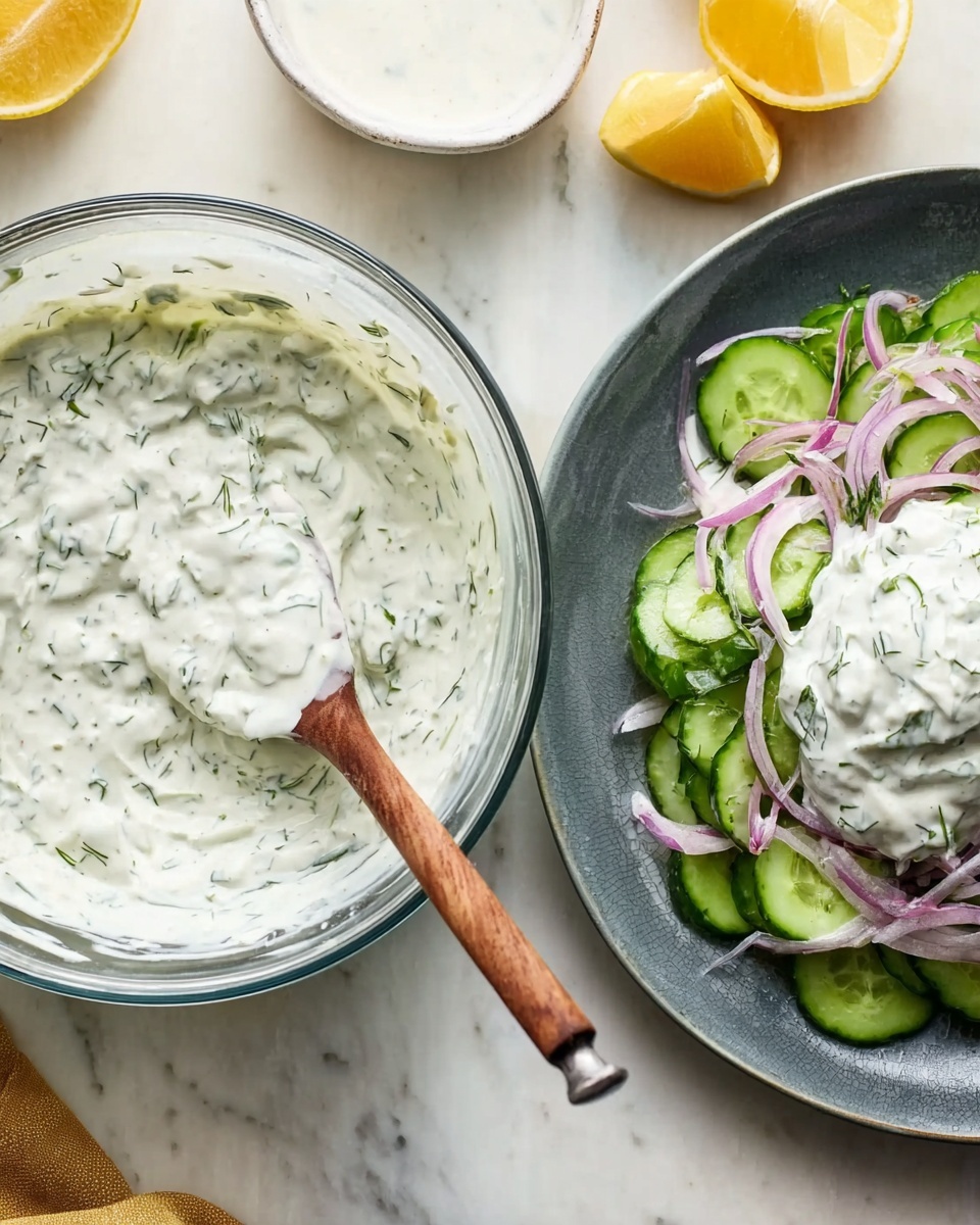A clear glass bowl filled with a thick white sauce mixed with small green herb pieces sits on a white marbled surface, with a wooden spoon resting inside. Next to it, a dark grey plate holds a salad with a base layer of round green cucumber slices, topped with thinly sliced light purple onions and a generous scoop of the white herb sauce on top, with a silver spoon resting on the plate. Half-cut yellow lemons and a white bowl with more white sauce are visible in the background. photo taken with an iphone --ar 4:5 --v 7
