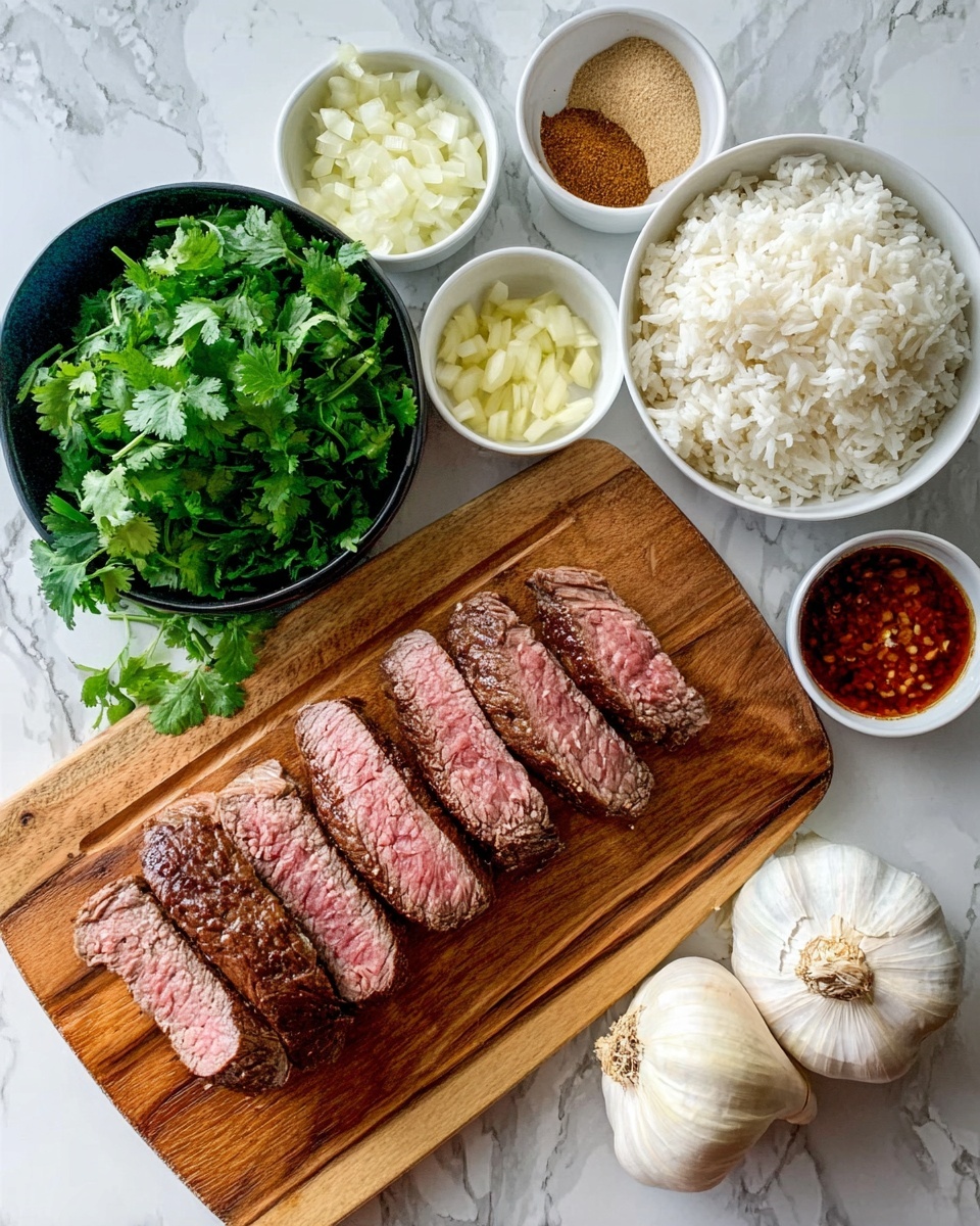The image shows a wooden board on a white marbled surface with five slices of cooked meat placed in the center, each with a brown outside and a pink inside texture. Surrounding the board are small white bowls and one black bowl filled with various ingredients: the black bowl holds fresh green cilantro leaves, a white bowl has white rice, and other white bowls contain chopped white onions, peeled garlic cloves, a yellow whole onion, a light brown powder, and a reddish sauce with oil. Three whole garlic bulbs are also placed near the wooden board. The scene is bright and clear with natural lighting, photo taken with an iphone --ar 4:5 --v 7