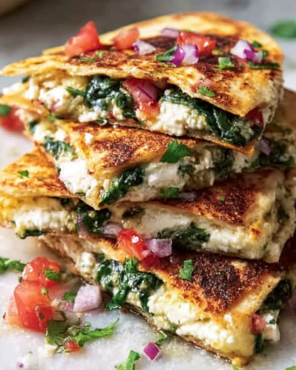 A white rectangular plate holds four triangular quesadilla pieces arranged in a row, each golden brown and slightly toasted on the outside. They are filled with visible green herbs, red tomato pieces, and melted white cheese peeking from the edges. Small green herb bits are scattered over the quesadillas, adding a fresh contrast to the warm golden color. Two bright red cherry tomatoes, one whole and one sliced in half, rest at the corner of the plate. Next to this plate, a small round white bowl is filled with chunky red salsa. All is set on a white marbled surface with a white cloth partially visible beside the plate. Photo taken with an iphone --ar 4:5 --v 7