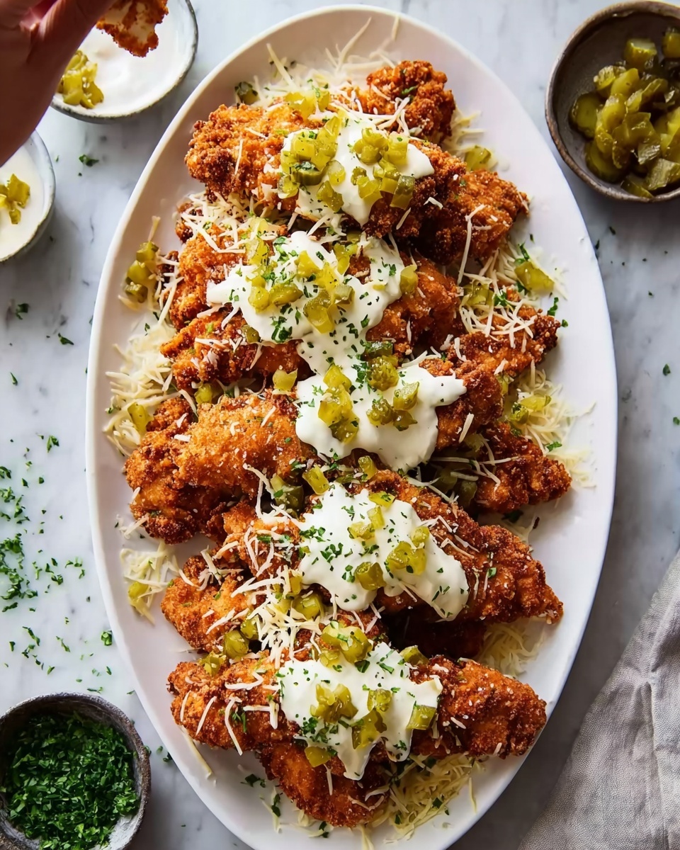 A white oval plate filled with several crispy fried chicken tenders arranged in a slightly overlapping layer. The chicken is golden brown with a rough, crunchy texture. On top of the tenders, there is a creamy white sauce drizzled unevenly, giving a soft, smooth contrast. Scattered over the sauce are small pieces of bright green pickles, adding a fresh, crunchy texture. Thin, fine shreds of light yellow cheese and tiny green parsley flakes are sprinkled over the dish, adding color and detail. The plate sits on a white marbled surface with small bowls of pickles and chopped herbs around it. A woman's hand holding a piece of chicken is partially visible in the top left area of the image. Photo taken with an iphone --ar 4:5 --v 7