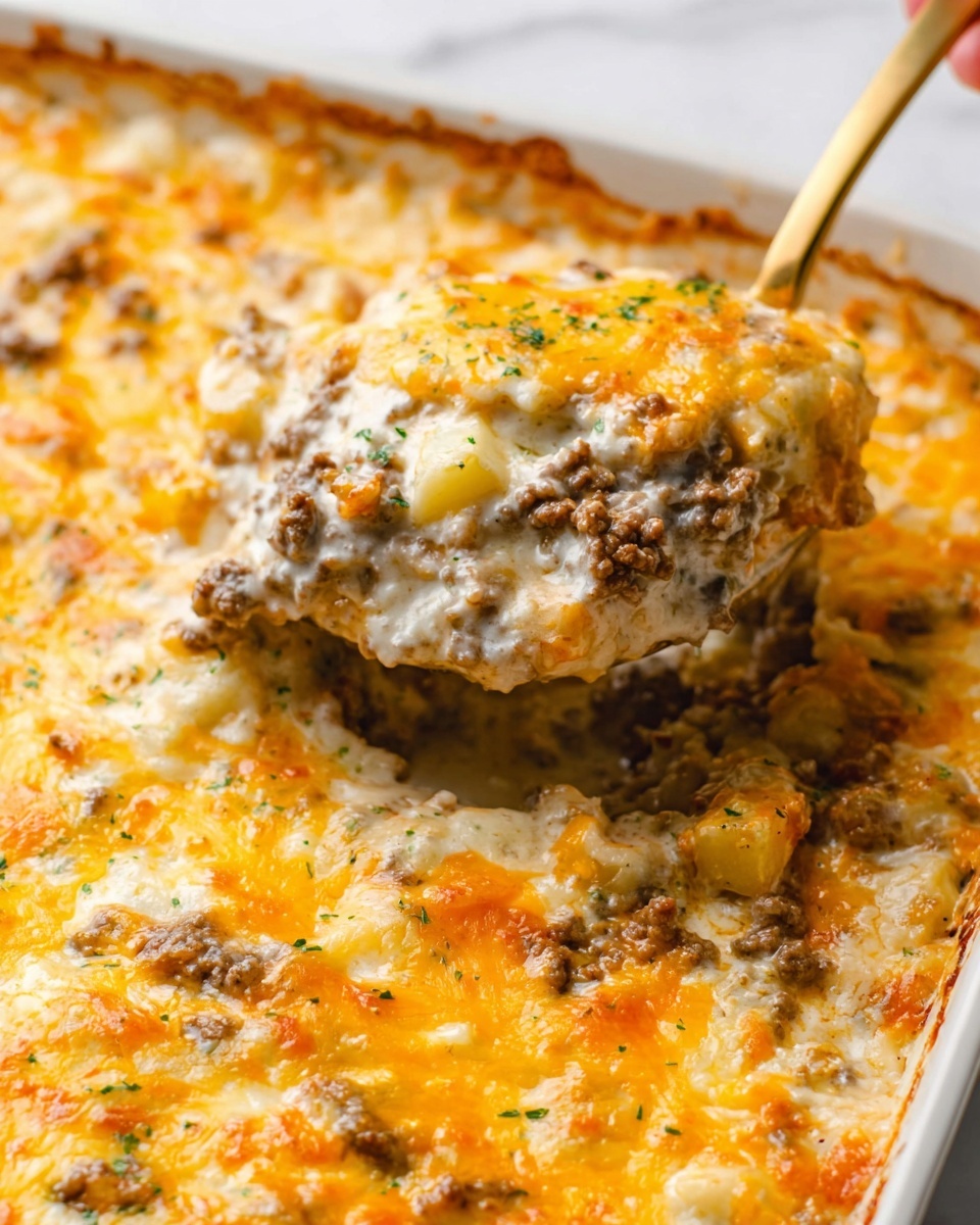 The image shows a close-up of a cheesy casserole being scooped with a gold spoon held by a woman's hand. The casserole has multiple layers, with a top layer of melted golden-yellow cheese that is bubbly and slightly browned in some spots. Beneath the cheese, there is a creamy white sauce mixed with cooked ground meat and small diced pieces of yellow vegetable, possibly potatoes or squash. The texture looks rich and creamy with bits of herbs sprinkled lightly on top. The casserole is in a white dish on a white marbled surface. photo taken with an iphone --ar 4:5 --v 7