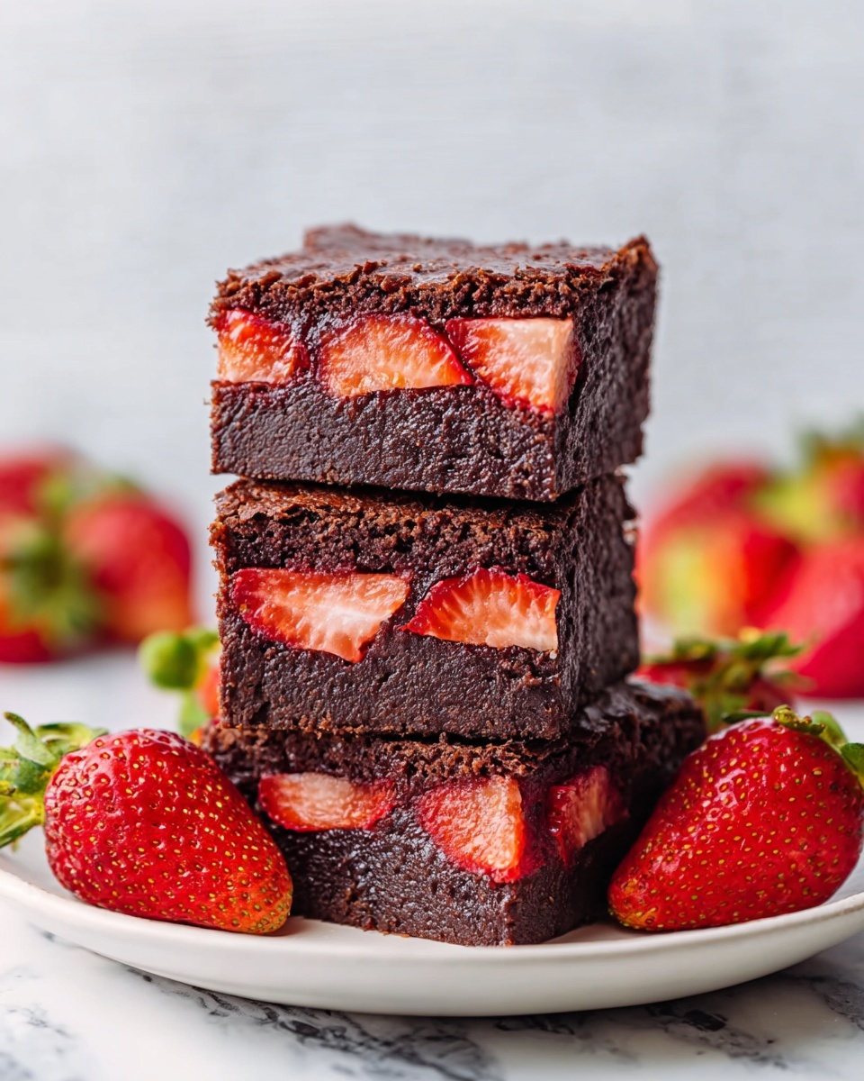 The image shows three square pieces of dark brown brownies stacked on top of each other on a white plate. Each brownie has bright red strawberry slices inside, creating a layer of fresh fruit in the middle. The brownie texture looks soft and dense with a slightly rough top. Around the plate, there are whole fresh strawberries with green leaves, placed on a white marbled surface. The background is blurred, keeping focus on the stack of brownies. Photo taken with an iphone --ar 4:5 --v 7