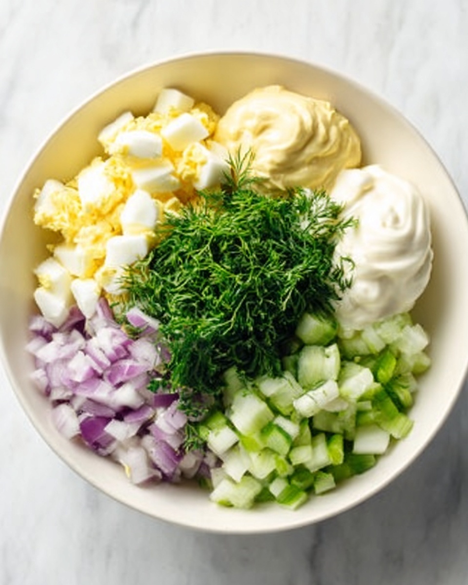 A white bowl sits on a white marbled surface, filled with neatly arranged ingredients in separate sections. One side has chopped boiled eggs, next to a small pile of creamy yellow mustard. Beside this is a dollop of smooth white mayonnaise. In the middle sits a bunch of finely chopped fresh green herbs like dill and parsley. To the right of the herbs, there are light green chopped celery pieces, and at the bottom, small diced light purple onions. The colors are fresh and bright, showing each ingredient’s texture clearly. Photo taken with an iphone --ar 4:5 --v 7