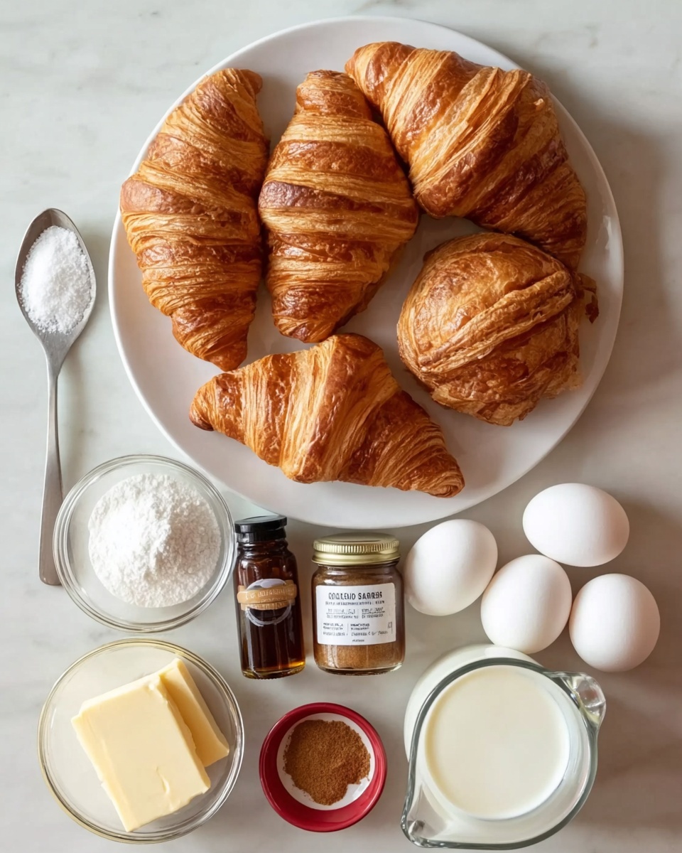 A white plate filled with six golden brown croissants showing flaky layers and a shiny crust sits on a white marbled surface. Below the plate, there is a small metal measuring cup full of white sugar on the left. Next to it, a clear dark glass bottle labeled