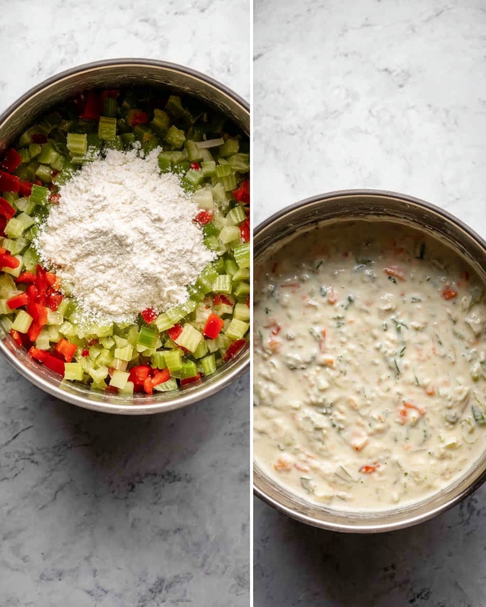 Two images show a metal pot on a white marbled surface. The first image has a mix of diced vegetables including green celery, red bell pepper, and white onion, with a pile of white flour placed on top in the center. The second image shows the same pot with the vegetables now mixed in a thick, creamy, white sauce with visible bits of green and red from the vegetables throughout. Photo taken with an iphone --ar 4:5 --v 7