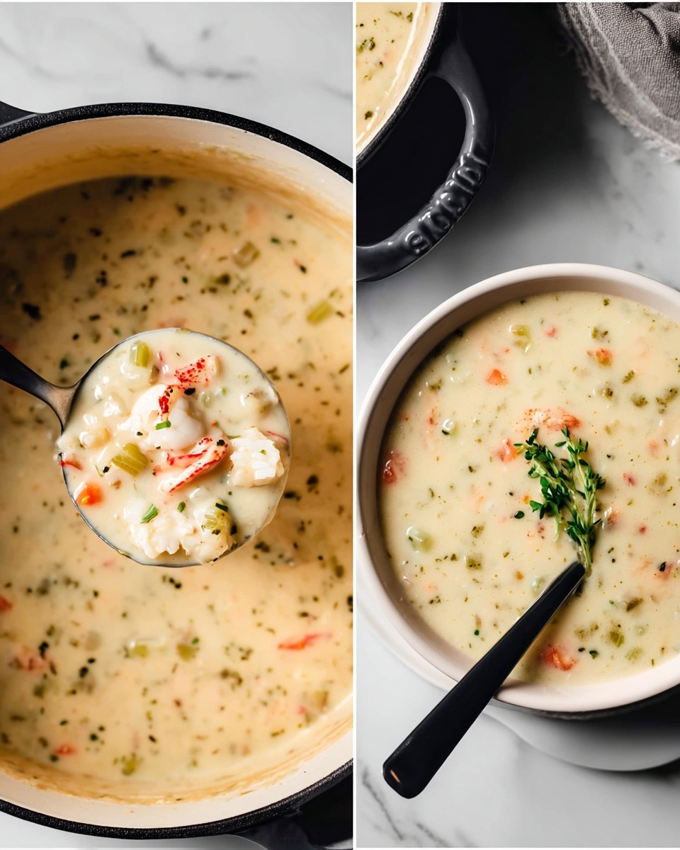 The image shows a creamy soup with a thick texture filled with small pieces of white, orange, and green vegetables or seafood. On the left side, a white pot with black rim is filled with the soup, and a ladle lifts a spoonful showing all the colorful chunks close up. On the right side, a white bowl holds the same creamy soup, topped with a small green herb garnish and a black spoon resting inside. Both the pot and bowl sit on a white marbled surface, and the soup looks rich and smooth with visible bits evenly spread. Photo taken with an iphone --ar 4:5 --v 7