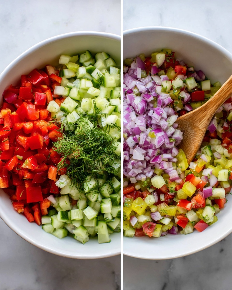 Two white bowls on a white marbled surface show a fresh vegetable mix. The left bowl has six separate layers: small red bell pepper cubes on the bottom left, diced green bell pepper right above, light green cucumber pieces top left, pale yellow chopped pickles top right, finely chopped purple onion center, and some fresh dill on top. The right bowl shows the same ingredients all mixed together, creating a colorful blend of red, green, yellow, and purple bits. A wooden spoon rests inside the right bowl, touching the mix. Photo taken with an iphone --ar 4:5 --v 7
