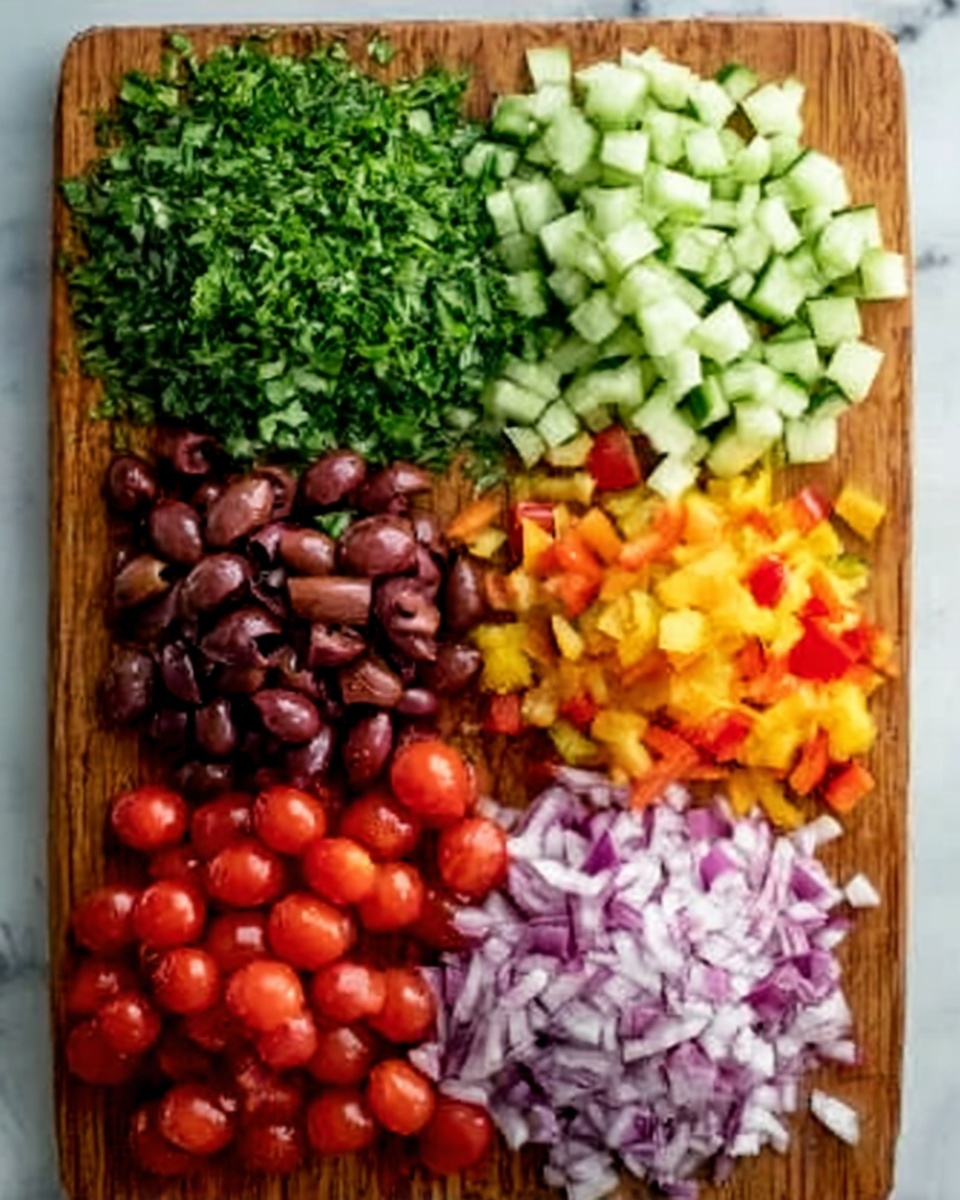 The image shows a wooden board with seven neat piles of chopped ingredients arranged in a grid. On the top left is a pile of finely chopped green herbs with a leafy texture. Next to it, on the top middle, are small cubes of light green cucumber with smooth skin. The top right pile consists of shiny dark brown olives, sliced in halves. Below the herbs, on the bottom left, there is a bunch of round, bright red cherry tomatoes with smooth skin. In the center bottom, chopped red onion pieces with white and purple layers are placed. To the right of the onions, on the bottom middle, chopped pieces of orange and yellow bell peppers with shiny skin are neatly placed. All ingredients are fresh and colorful with clear shapes, placed on a wooden cutting board over a white marbled surface photo taken with an iphone --ar 4:5 --v 7