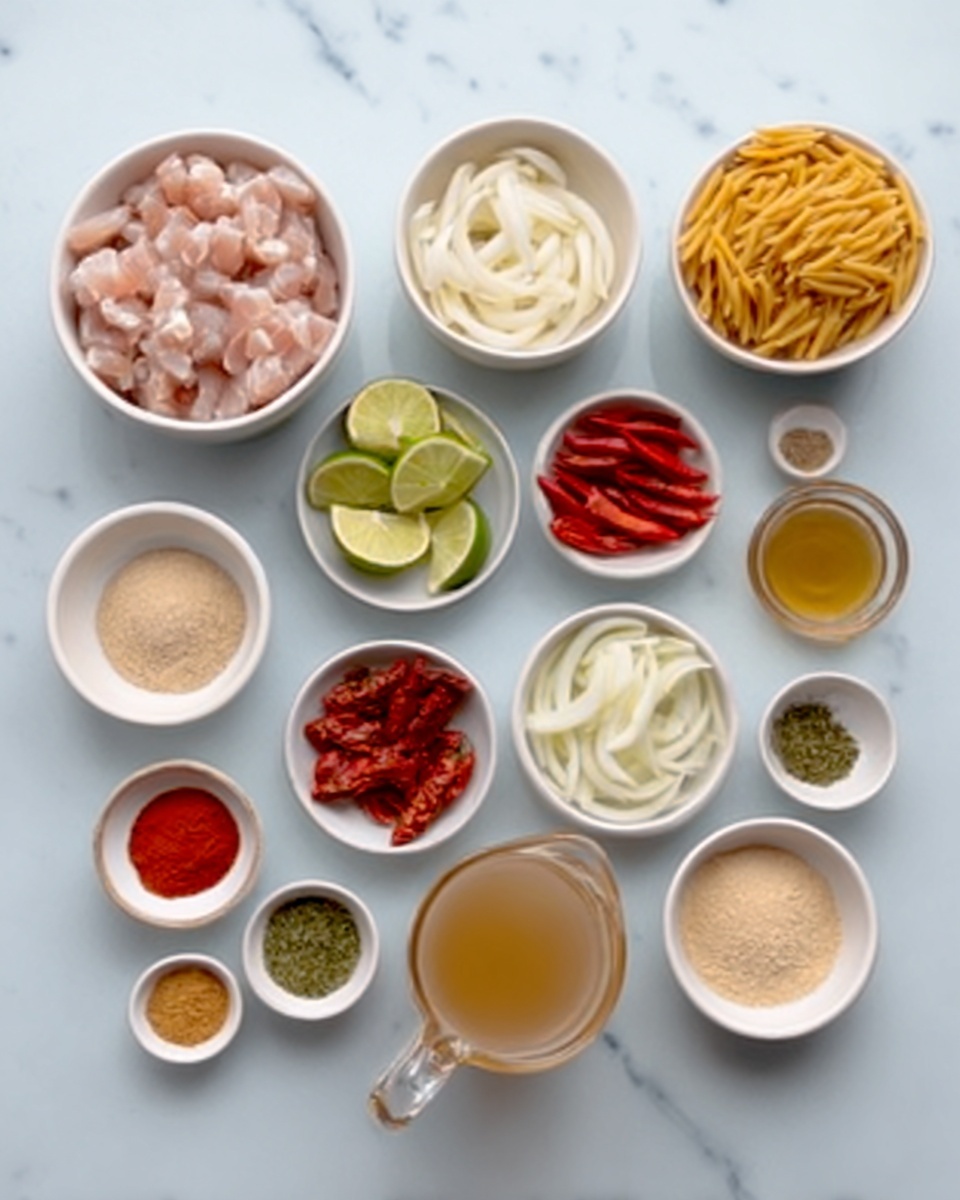 The image shows multiple small white bowls and plates arranged neatly on a white marbled surface. There are about twelve containers, some filled with different ingredients: a large white bowl with raw small pieces of light pink meat; a white bowl with pale orange uncooked pasta; a white bowl with sliced white onions; another with bright red sun-dried tomatoes; a small white bowl with thin lime wedges; and smaller white bowls containing various powders, liquids, and herbs in shades of beige, red, green, and yellow. A clear glass jug with a light brown liquid is also present. The scene is clean and bright, showing each ingredient clearly in its container. Photo taken with an iphone --ar 4:5 --v 7