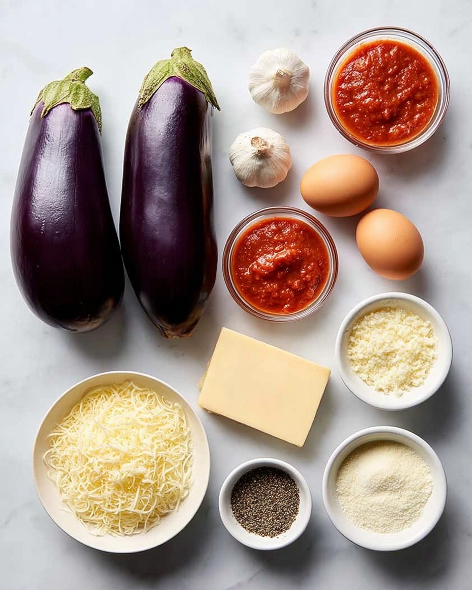 The image shows ingredients on a white marbled surface arranged neatly. There are two whole purple eggplants with green tops, two bulbs of garlic with some separated cloves, two brown eggs, two small glass bowls filled with red tomato sauce, a block of pale yellow cheese, a small white bowl of shredded yellow cheese, another white bowl of grated white cheese, and a white bowl of mixed black and white pepper. The ingredients are spaced out evenly, showing different textures like smooth eggplant skin, flaky garlic, and soft cheese. photo taken with an iphone --ar 4:5 --v 7