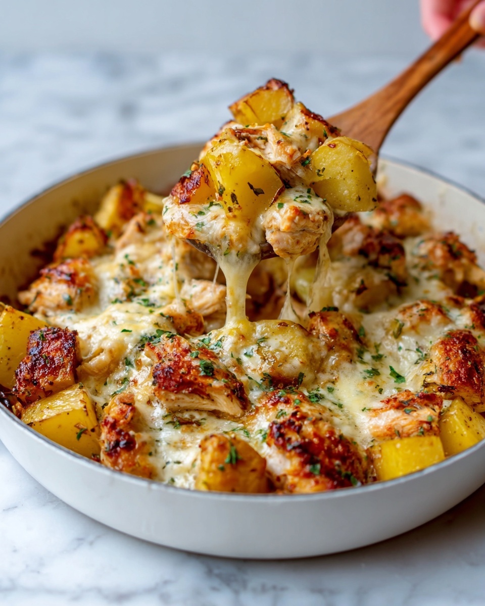 The image shows a white bowl filled with several layers of a baked dish. The bottom layer consists of golden-yellow potato chunks. Above the potatoes, there are pieces of browned chicken with a slightly crispy texture. The top layer features melted cheese covering the potatoes and chicken, with small green herb pieces sprinkled over. A woman's hand is holding a wooden spoon, scooping some food out of the bowl. The bowl is placed on a white marbled surface. photo taken with an iphone --ar 4:5 --v 7
