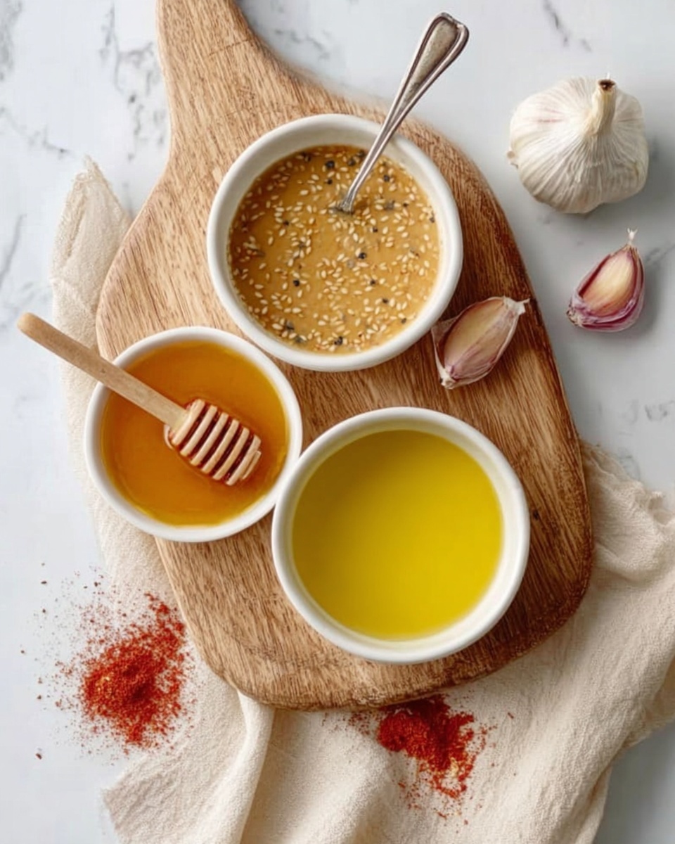 The image shows three white bowls on a white marbled surface. The top bowl has a light brown sauce with seeds and a spoon inside. The bottom left bowl has clear golden honey with a honey dipper resting on it. The bottom right bowl is filled with yellow oil. Around the bowls are garlic cloves and a small amount of red powder. Everything is placed on a wooden board over a beige cloth. The photo was taken with an iphone --ar 4:5 --v 7