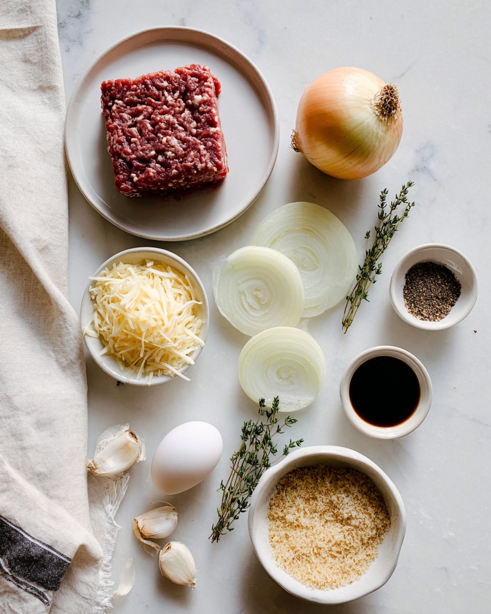 The image shows a variety of cooking ingredients arranged neatly on a white marbled surface. On the top left, there is a white plate holding a square block of raw ground meat, dark red with visible white fat bits. Nearby, a whole yellow onion sits next to a halved onion with white layers and some sliced onion pieces fanned out below it. To the left, a small white bowl is filled with shredded light yellow cheese. At the bottom left, a few small bulbs of garlic with papery skins and two sprigs of fresh thyme lie next to a white egg. On the right side, two small white bowls hold a dark liquid, likely soy sauce or balsamic vinegar, and a mix of black pepper and salt. Below them is a white bowl filled with light brown seasoned bread crumbs. A white cloth with a thin dark stripe is partially visible in the bottom left corner. Photo taken with an iphone --ar 4:5 --v 7