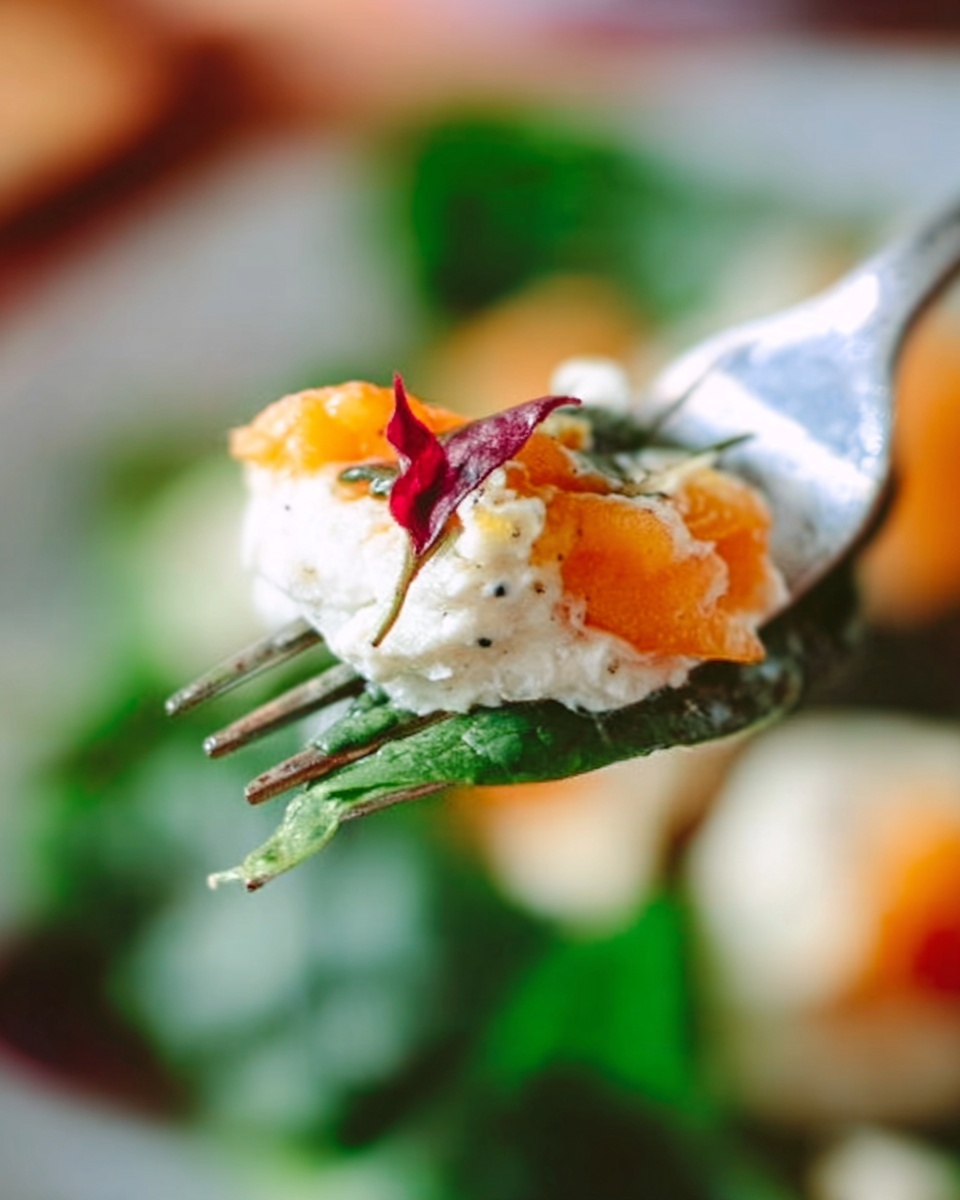 A close-up photo shows a fork holding a small piece of food. The food has a white soft layer with bright orange pieces on top and a green leaf under it. There is a little red garnish on the white layer. The background is blurred but hints of more food and green leaves can be seen. Photo taken with an iphone --ar 4:5 --v 7