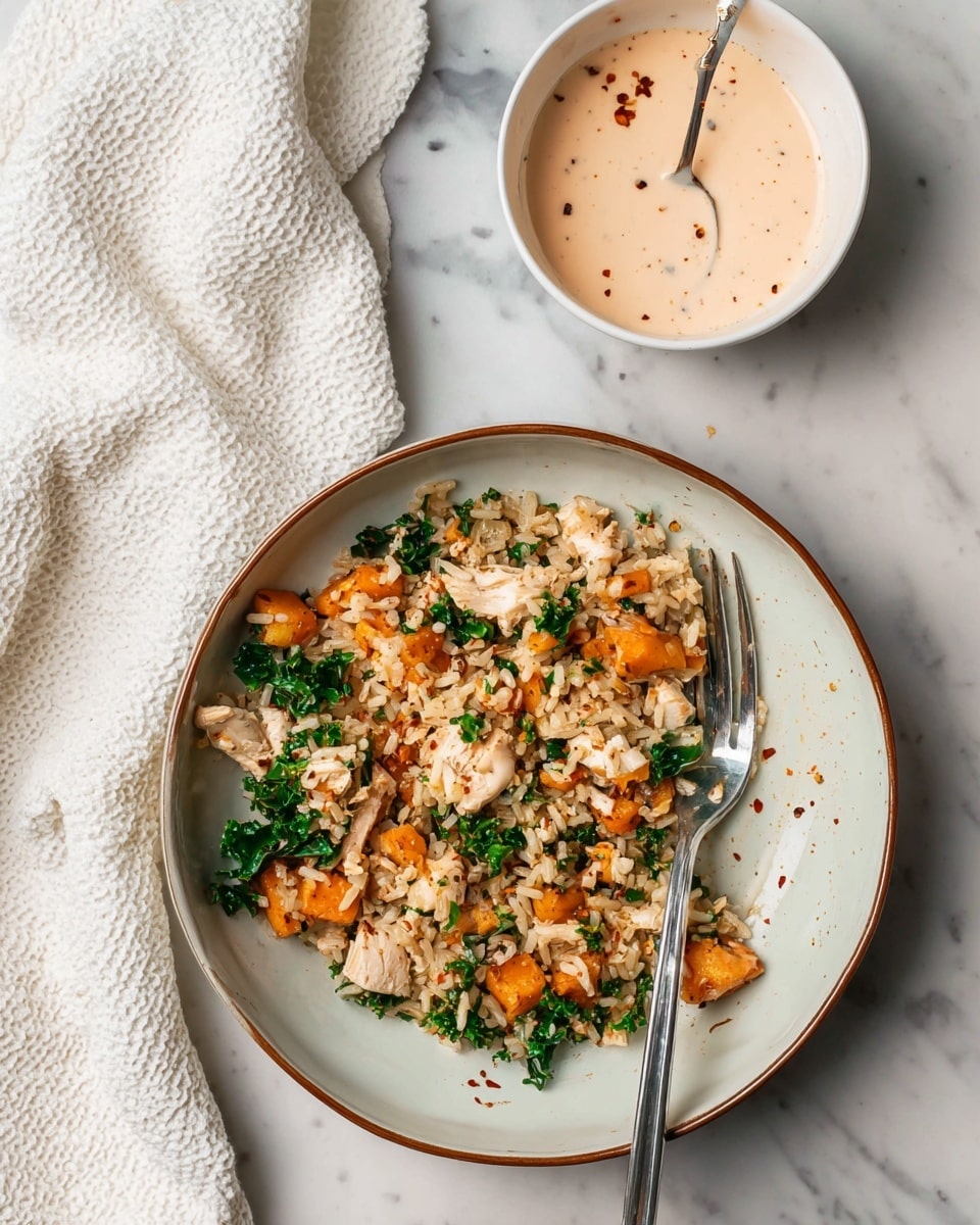 A white bowl with a brown rim holds a mixture of light brown cooked rice scattered with small chunks of orange roasted sweet potato and dark green kale pieces, all mixed together with small bits of light colored chicken. Two forks rest inside the bowl, one flat on the bottom and the other leaning against the side. To the upper right of the bowl, a small white bowl holds a creamy light pink sauce with spices, with a spoon inside. The scene is set on a white marbled surface with a large, white textured cloth partially visible on the left. Photo taken with an iphone --ar 4:5 --v 7