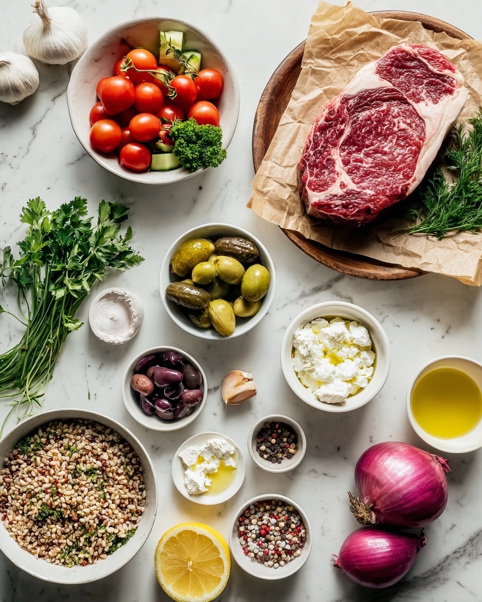 The image shows many fresh ingredients on a white marbled surface. On the right, a thick raw steak with red and white marbling lies on brown paper over a wooden plate with green parsley next to it. Below, a white bowl holds a mix of uncooked grains with light and dark colors. Around the center, small white bowls contain creamy white yogurt, bright green fresh herbs, shiny dark and light olives, crumbled white cheese, golden yellow oil, black and pink peppercorns, salt, and brown powder. On the left side, a white bowl has small red cherry tomatoes and green cucumbers, next to two purple onions, one whole and one cut in half showing its pale inside. A yellow lemon, two garlic cloves, and a glass cup with yellow oil complete the scene. photo taken with an iphone --ar 4:5 --v 7