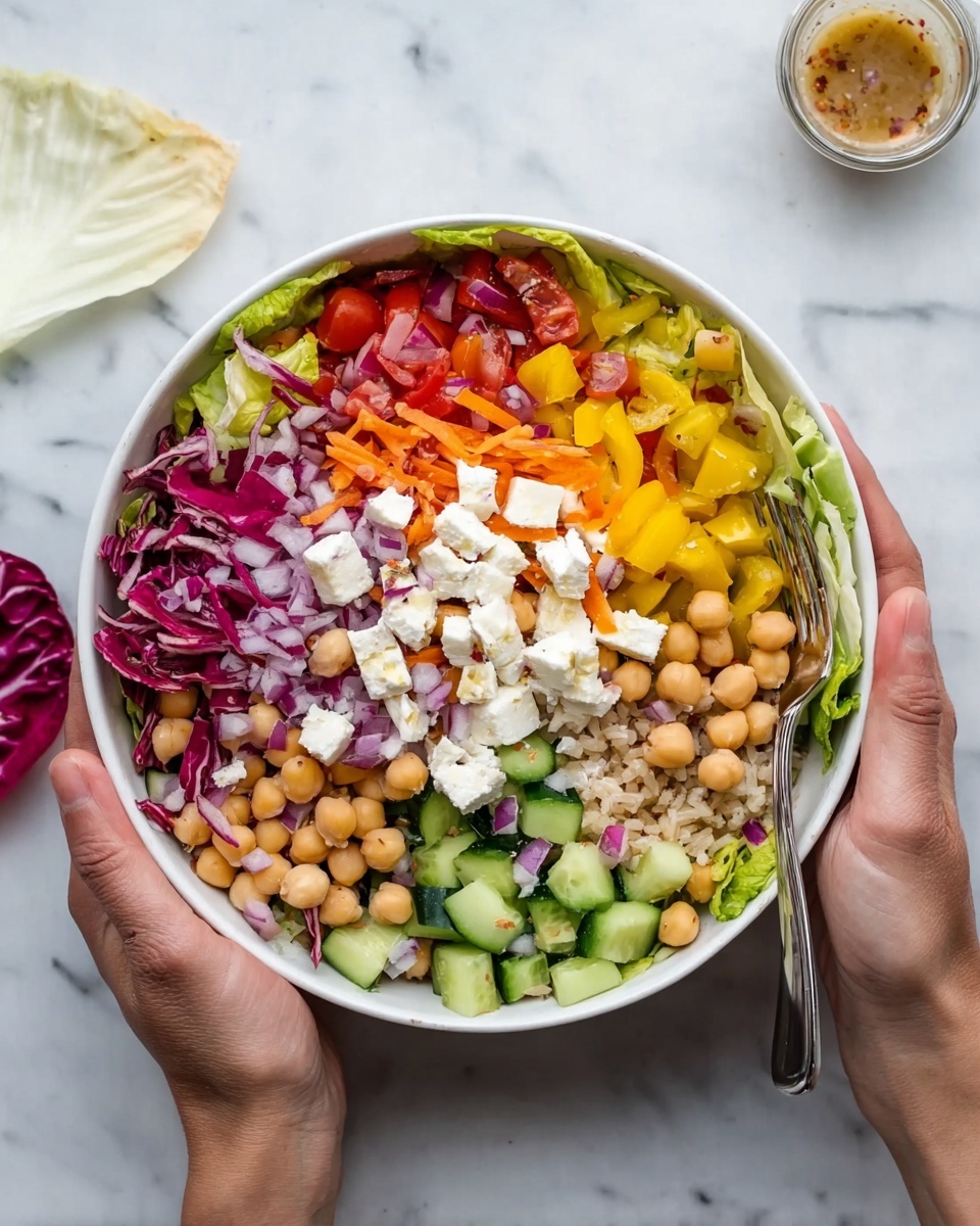 A white bowl filled with a colorful salad held by two woman's hands on a white marbled surface. The salad has multiple layers: the bottom layer has shredded dark purple and light green lettuce. On top of this, there are chunks of yellow bell pepper, diced cucumber, diced red tomato, and slices of red onion spread evenly. Creamy-looking white cheese cubes are placed near the center, surrounded by beige chickpeas and light brown grains. A silver fork is resting inside the bowl on the right side. A small clear bowl with dressing and a piece of radicchio leaf are visible around the bowl. Photo taken with an iphone --ar 4:5 --v 7