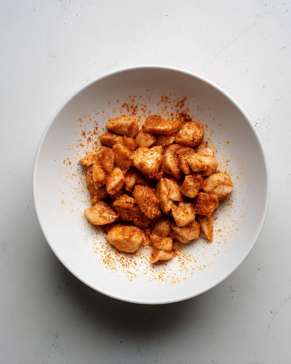 A white bowl sits on a white marbled surface, filled with small pieces of raw chicken coated evenly with a reddish-brown spice mix. The chicken pieces are spread in a single layer at the center of the bowl, with some spice powder scattered lightly around the sides inside the bowl, creating a contrast against the white background. The overall look is simple, clean, and focused on the seasoned chicken bits ready for cooking photo taken with an iphone --ar 4:5 --v 7