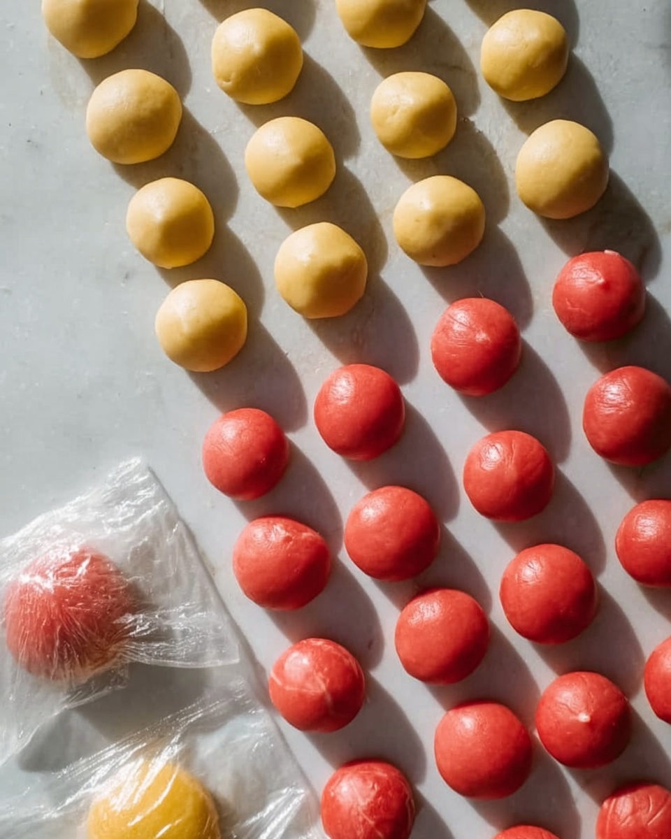 The image shows a neat arrangement of small round dough balls placed on a light surface with a white marbled texture. There are three rows of dough balls in different colors: the top row has light yellow dough balls, the middle and bottom rows have bright red dough balls. Each ball is smooth and shiny, with some natural light reflecting on them, creating soft shadows. In the lower left corner, there are two larger dough pieces wrapped separately in clear plastic, one yellow and one red, slightly wrinkled. The overall look is clean and organized with soft natural light shining across the balls. Photo taken with an iphone --ar 4:5 --v 7