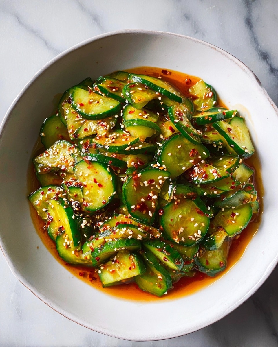 A white bowl filled with thinly sliced cucumber pieces, each bright green with darker green edges, layered evenly and mixed with a reddish-brown sauce that pools slightly at the bottom. The cucumbers are sprinkled with small white sesame seeds and tiny bits of red chili flakes scattered on top, adding contrast and texture. The bowl sits on a white marbled surface that highlights the vibrant colors of the dish. photo taken with an iphone --ar 4:5 --v 7