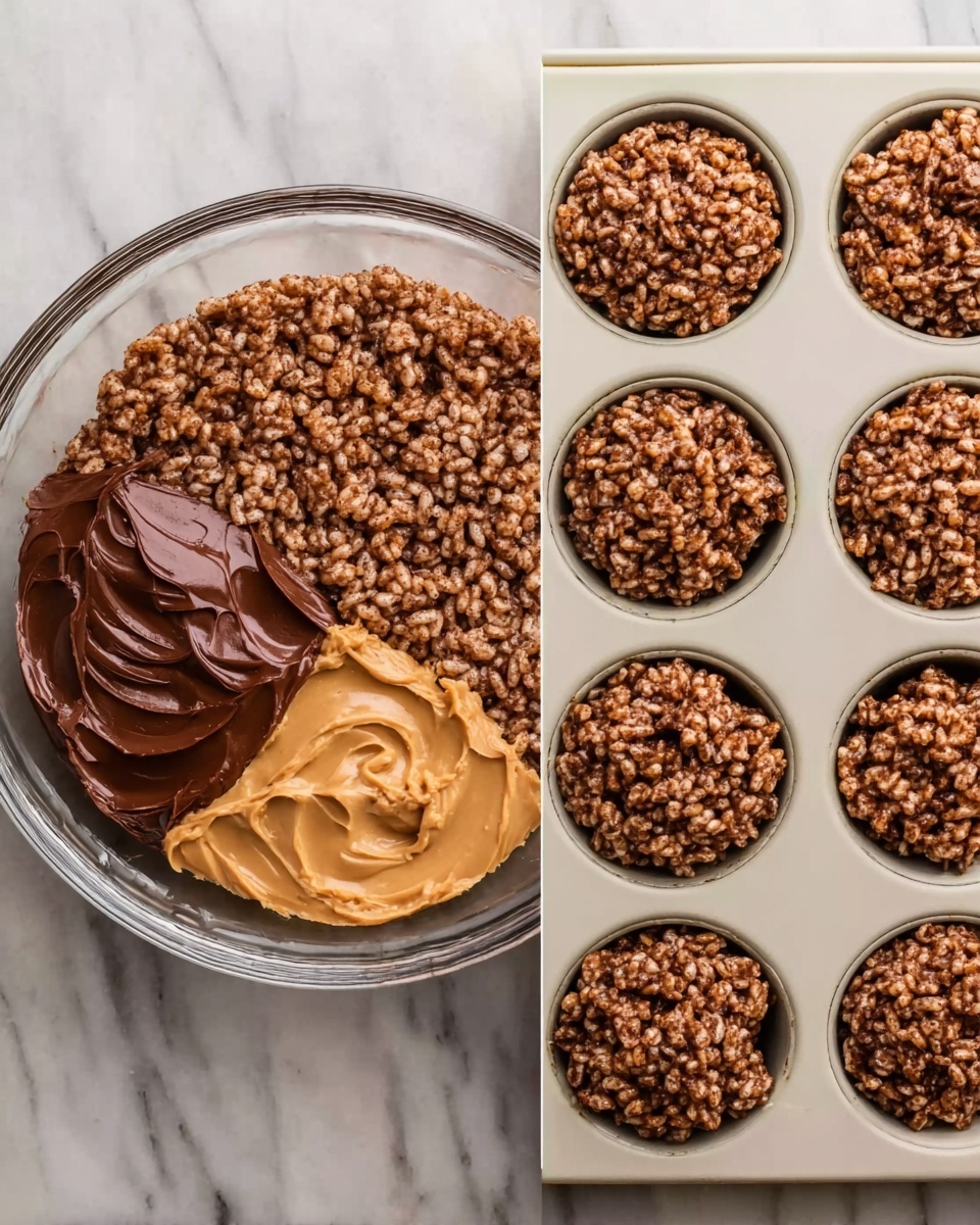 The image shows two parts: on the left, a clear glass bowl filled with a layer of crunchy chocolate rice cereal in a brown color, topped with two thick smooth layers—one dark brown chocolate spread on the left side and one creamy light brown peanut butter spread on the right side. On the right side of the image, a white muffin tray has twelve wells, each filled with a rough-textured mixture of the same crunchy chocolate rice cereal, pressed down but uneven on top. Both the bowl and muffin tray are placed on a white marbled surface. Photo taken with an iphone --ar 4:5 --v 7