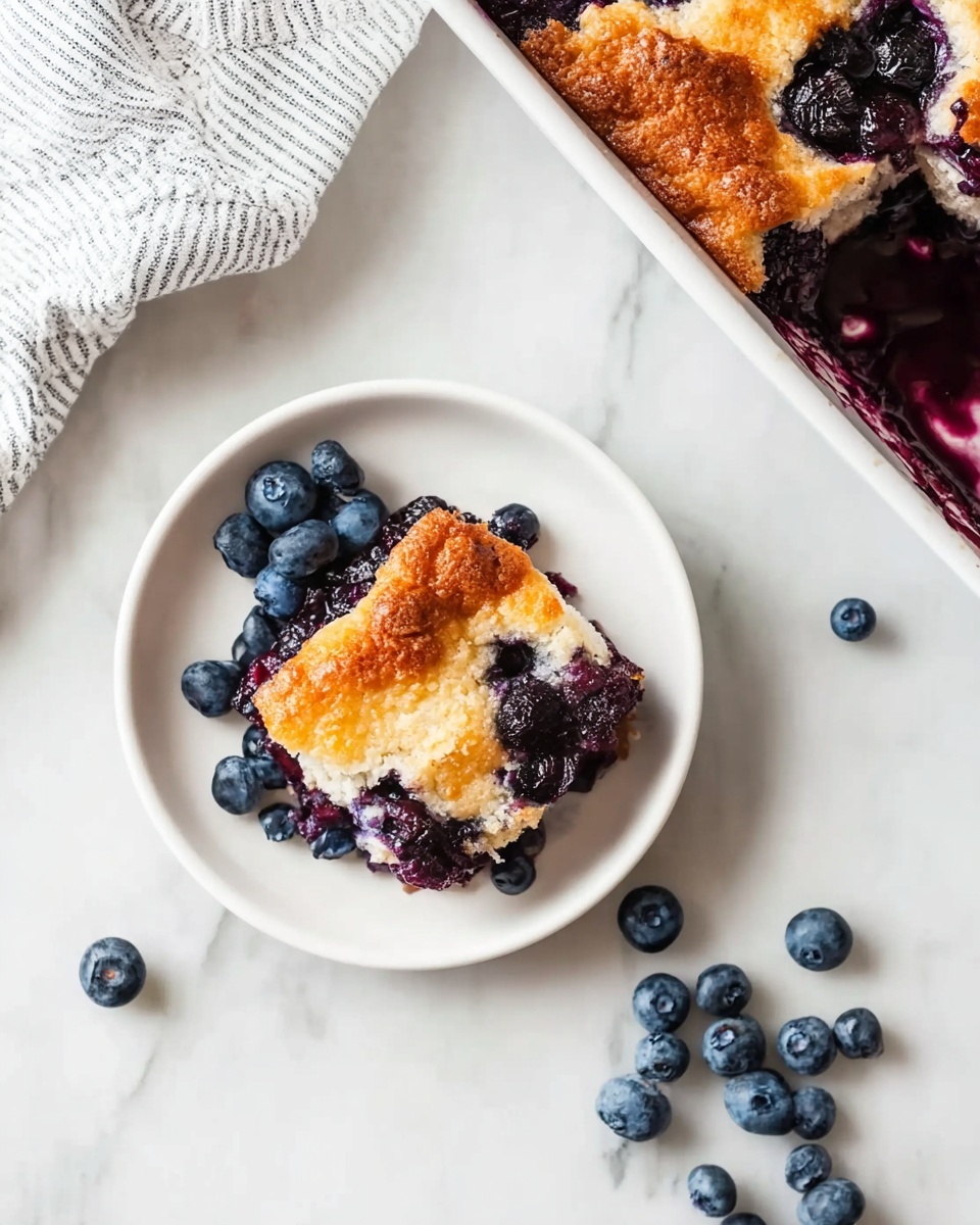 A single square piece of blueberry cobbler sits in the middle of a white round plate, showing a golden brown crust on top with soft, light beige dough beneath. The blueberries are dark purple, some partially sunken into the dough and others slightly bursting on the surface. To the top right corner, part of a white rectangular dish holds the rest of the cobbler with a thick layer of juicy blueberries concentrated near the edges, bubbling in a rich purple syrup. Scattered fresh blueberries are spread around the plate on a white marbled surface, along with a light gray and white striped cloth in the top left corner. photo taken with an iphone --ar 4:5 --v 7