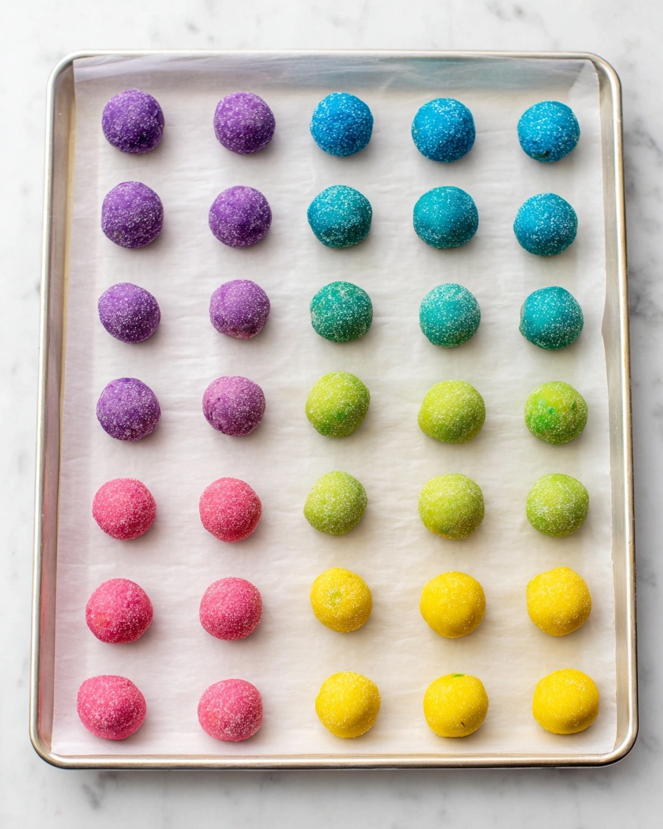 The image shows a white baking tray lined with parchment paper on a white marbled surface. On the tray, there are 25 small round dough balls arranged in a grid of 5 rows and 5 columns. Each column is a different color: the first column has purple dough balls with a slightly textured surface, the second column has blue dough balls with a smooth look, the third column has pink dough balls with a granular sugar coating, the fourth column has green dough balls that look slightly coarse, and the last column has yellow dough balls with a similar sugary texture. All dough balls are evenly spaced and placed neatly in rows. Photo taken with an iphone --ar 4:5 --v 7
