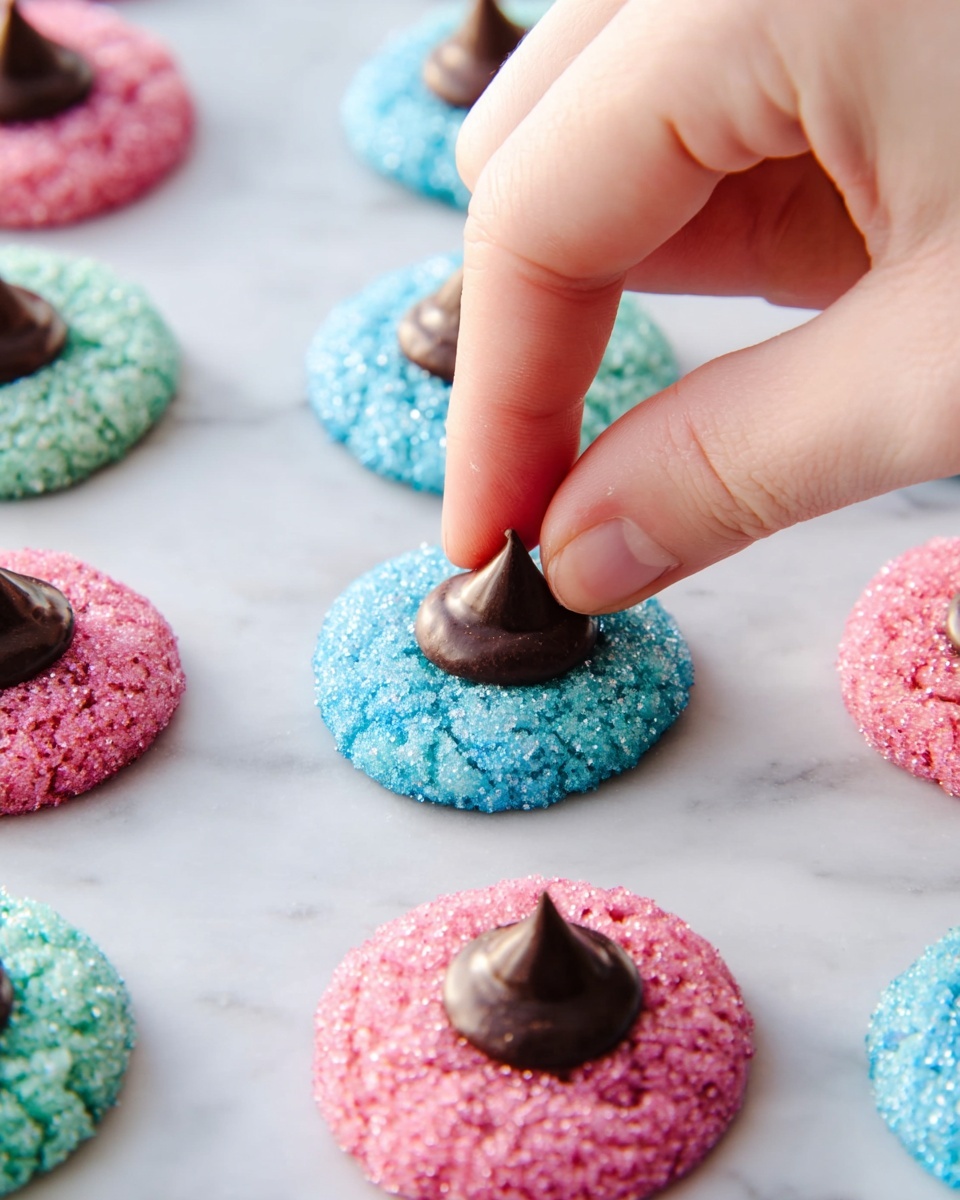 A woman's hand gently places a dark brown chocolate drop in the center of a round, pink cookie base covered with sugar crystals. Surrounding this cookie are other similar cookies with chocolate drops, in both pink and blue colors, each layer textured with sparkling sugar on the soft dough. The cookies are placed evenly spaced on a white marbled surface. Photo taken with an iphone --ar 4:5 --v 7